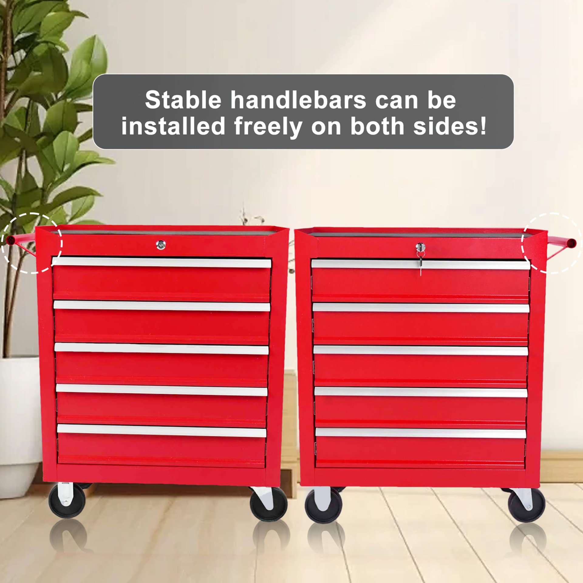 5 Drawer Metal Rolling Tool Chest With Locking System And Wheels - Red - Image 4