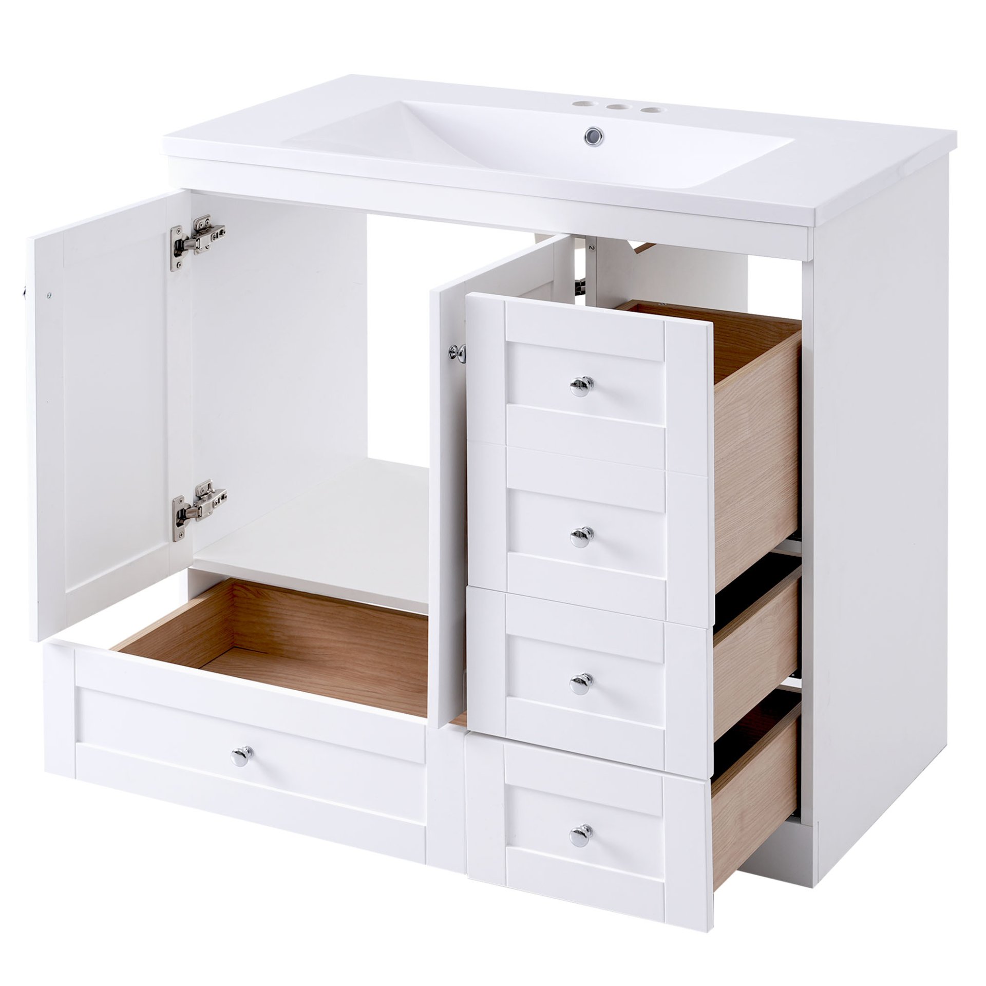 Shaker Style Free Standing Bathroom Vanity Cabinet With Sink, 4 Soft Close Drawers And 2 Soft Close Doors - White - Image 15
