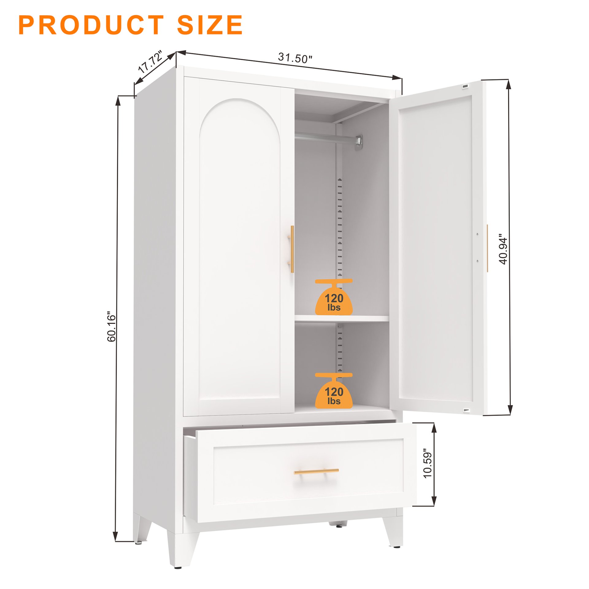 Wardrobe Cabinet With 1 Drawer And Hanging Rod, 2 Doors Closet With Shelf For Bedroom - White - Image 3