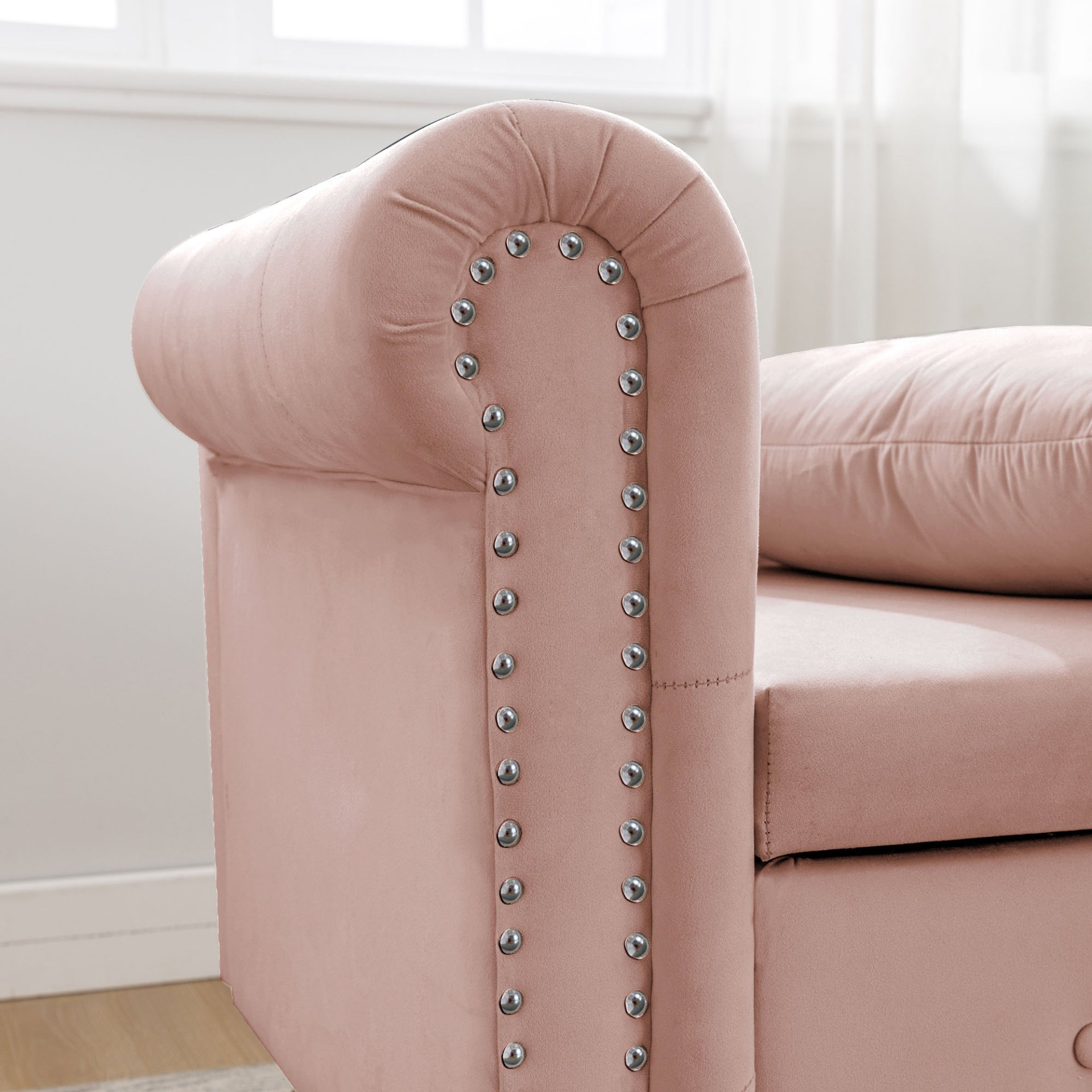 Chaise Lounge Indoor, Velvet Lounge Chair For Bedroom With Storage & Pillow, Modern Upholstered Rolled Arm Chase Lounge For Sleeping With Nailhead Trim For Living Room Bedroom Office - Pink - Image 10
