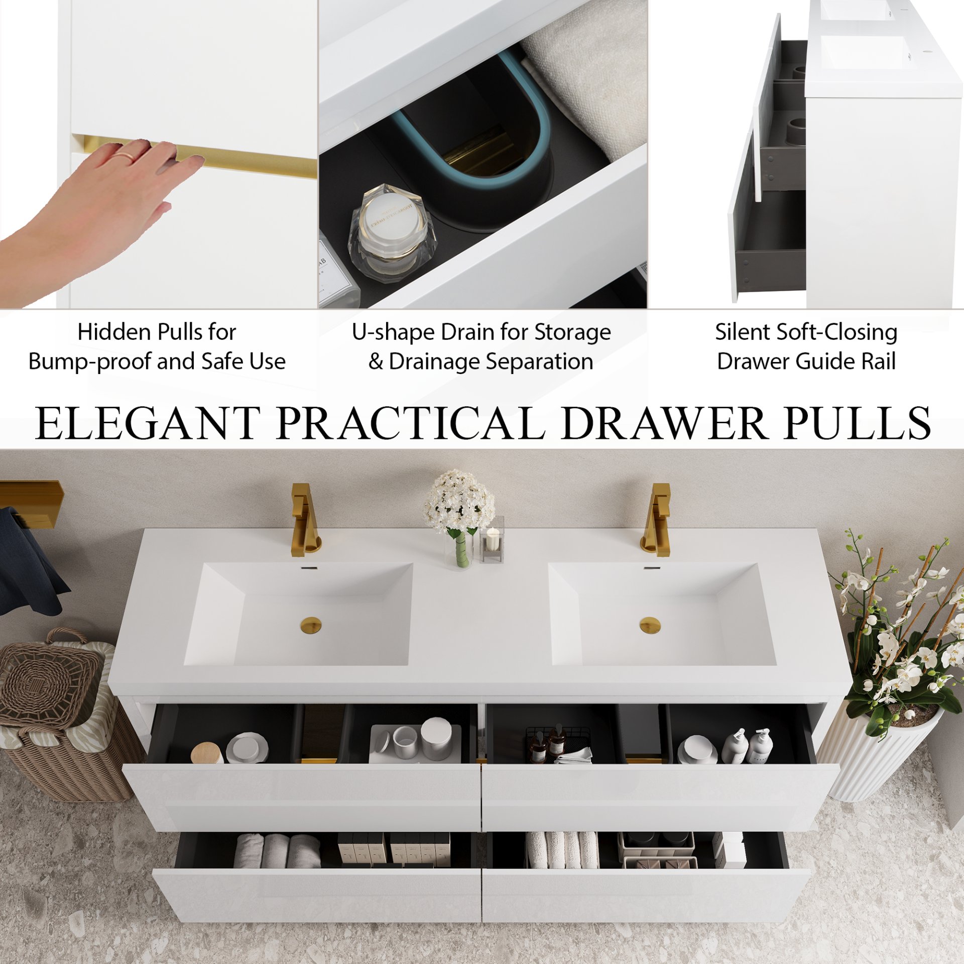 Freestanding Bathroom Vanity With Sink, Bathroom Storage Vanity Cabinet With Stone Resin Countertop And Soft Close Drawers - Glossy White - Image 6