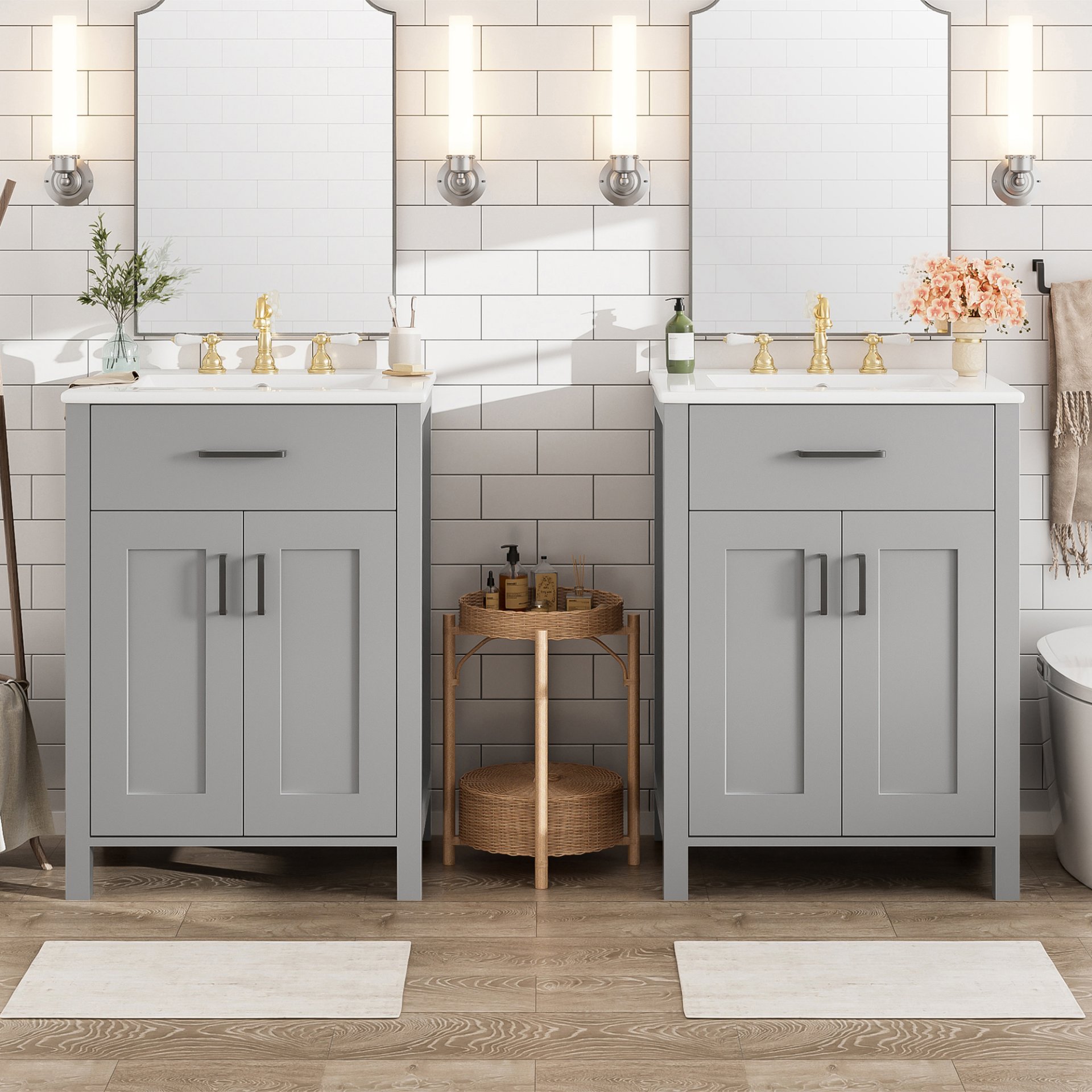 Bathroom Vanity With Sink, Soft Close Doors, Flip Drawer, Double Layer Door Shelves - Grey - Image 6