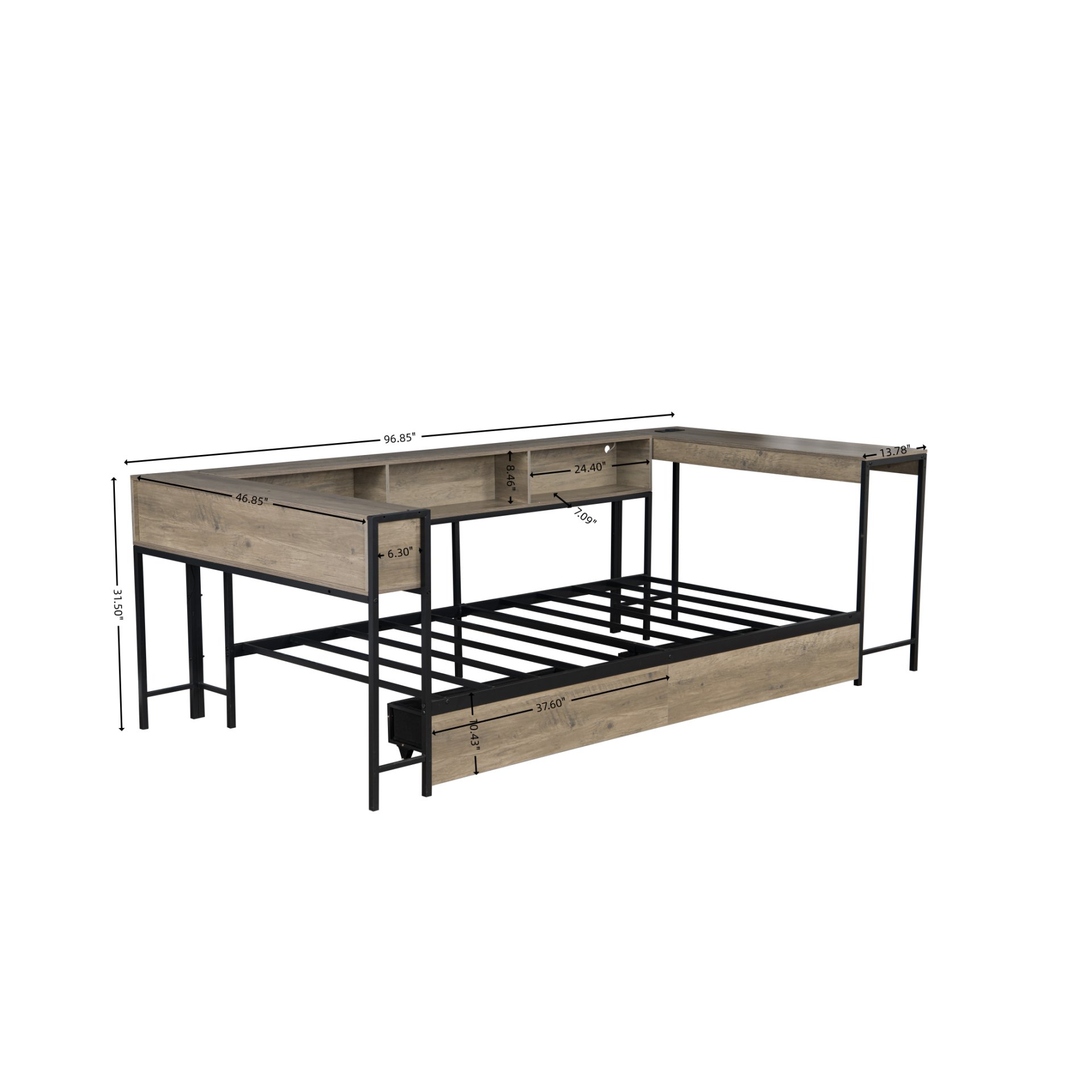 Corner Bed Frame Twin Size With Bookcase And 2 Underbed Storage Drawers, Modern Twin Bed With LED Light And Charging Station, Modern Daybed Reversible Left Or Right - Gray - Image 3