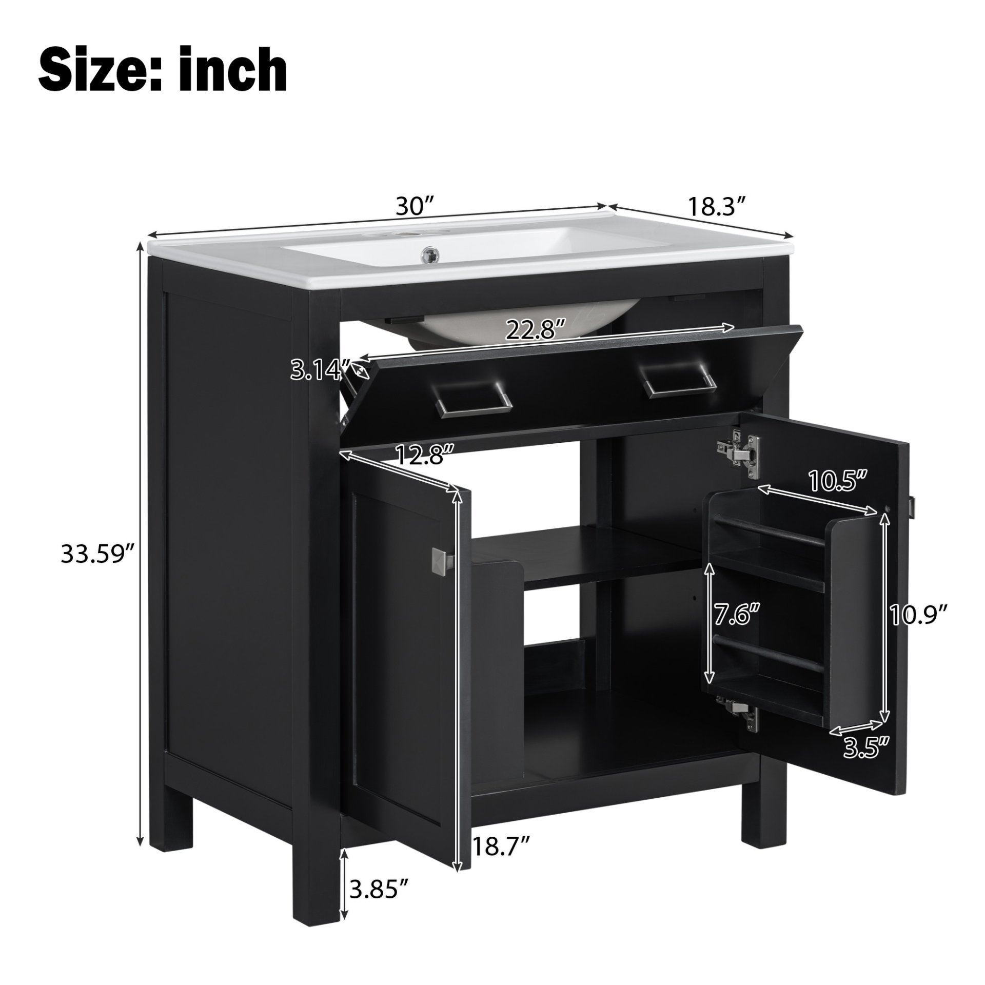 30" Bathroom Vanity With Sink And Soft Close Doors - Black - Image 3