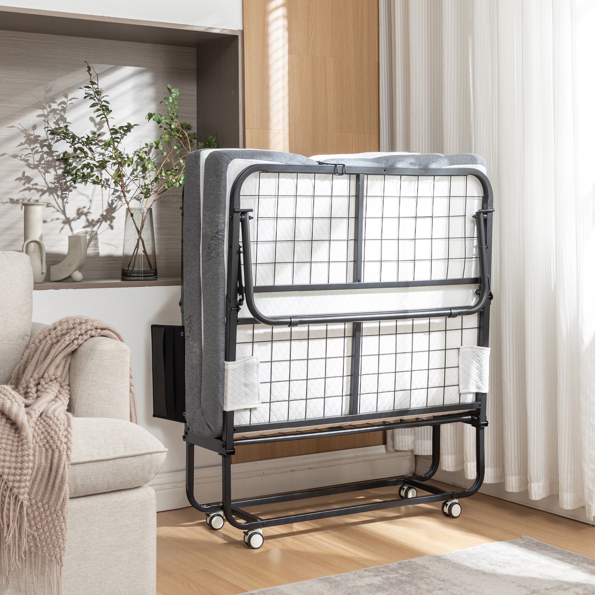 Folding Bed With Mattress, Sportable Foldable Bed With Storage Cover, Srollaway Bed For Adults With Memory Foam Mattress And Metal Frame, Scot Size Guest Bed On Wheels - Black - Image 11