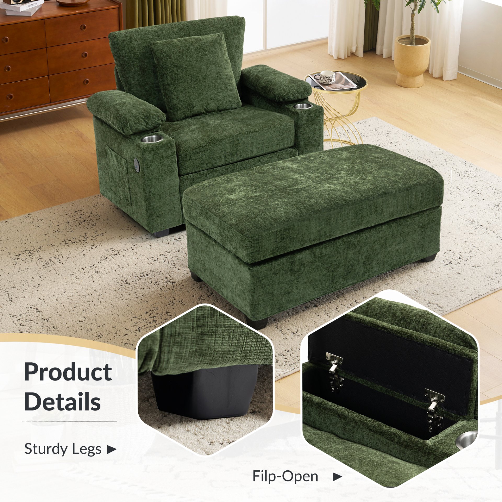 Modern Oversized Chair With Ottoman, Chenille Fabric Sofa Bed, Accent Chair Comfy Sofa With Cupholders And USB Charging Ports Chair For Living Room - Green - Image 7