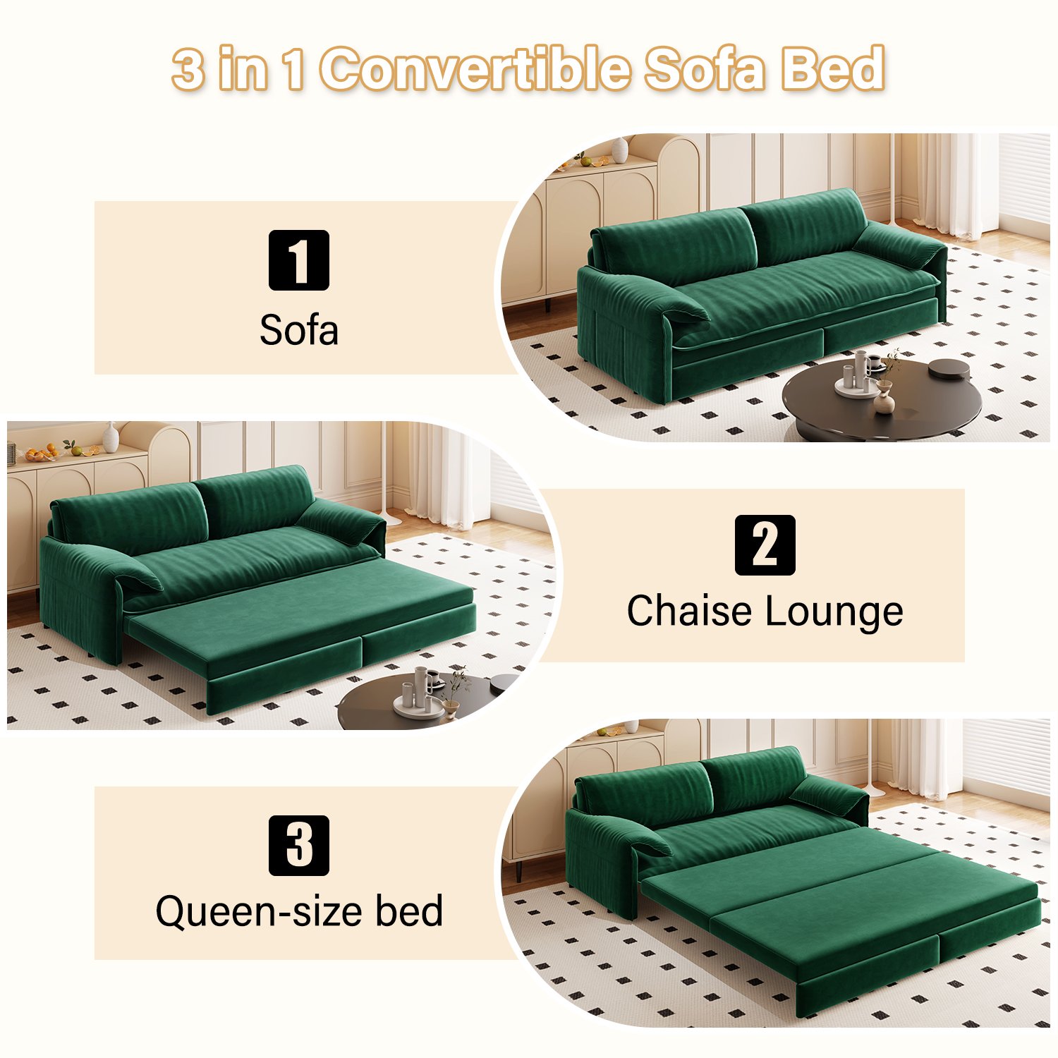 Queen Pull Out Sofa Bed, 3 In 1 Convertible Sleeper Sofa With Side Storage - Green - Image 8