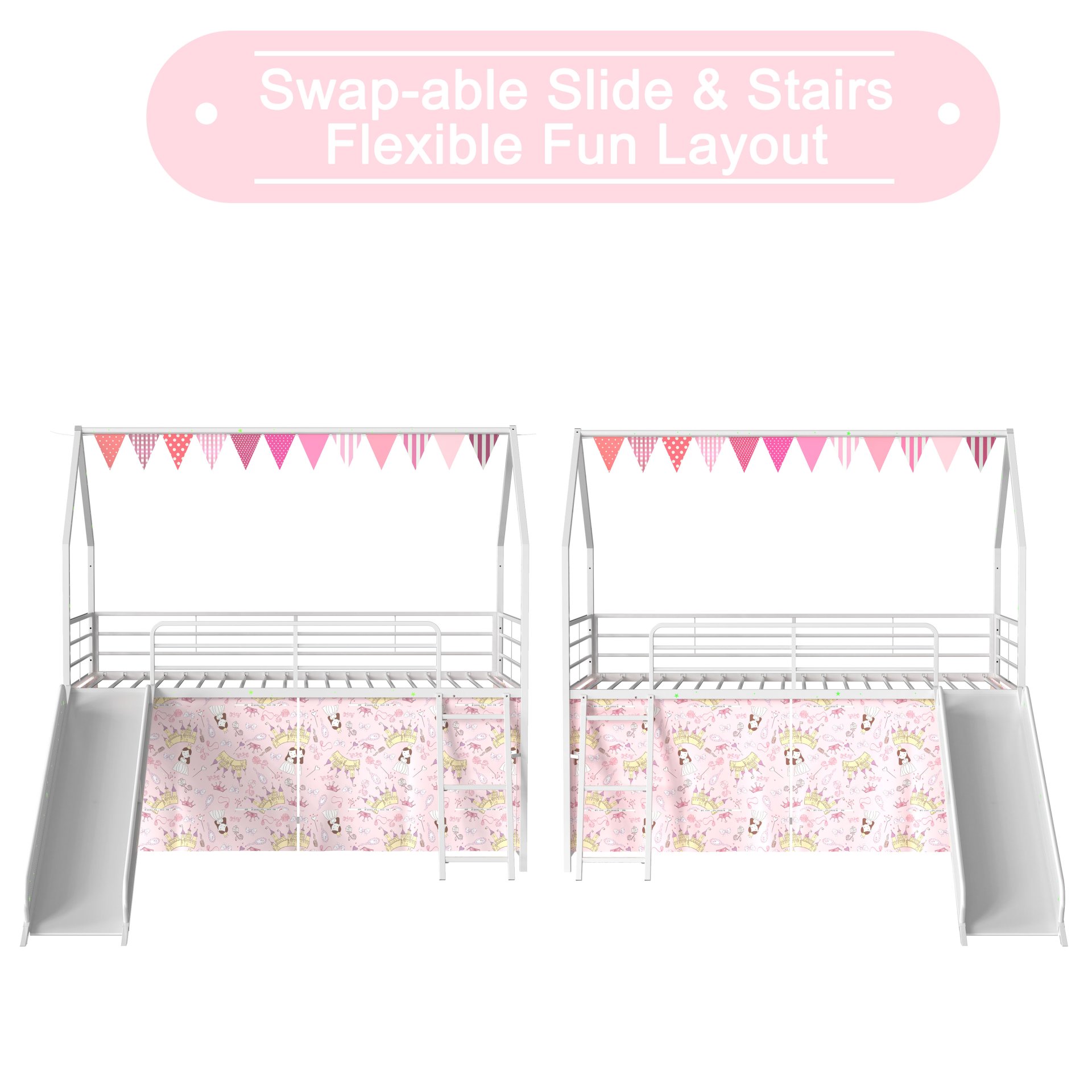 Jack - House Twin Loft Bed With Slide And Curtain Set - White / Pink - Image 16