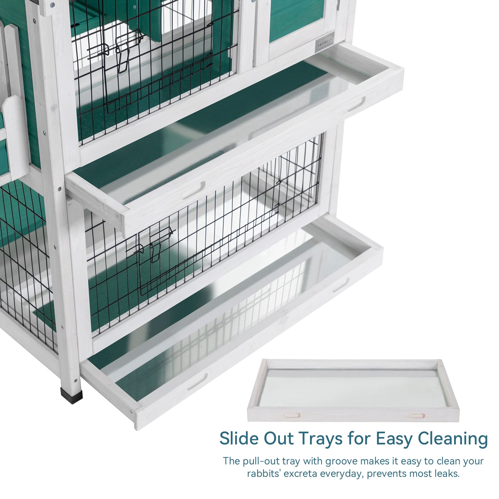 2 Story Wooden Rabbit Hutch Outdoor Indoor Bunny Cage Pull Out Tray, Waterproof Roof - Green - Image 5