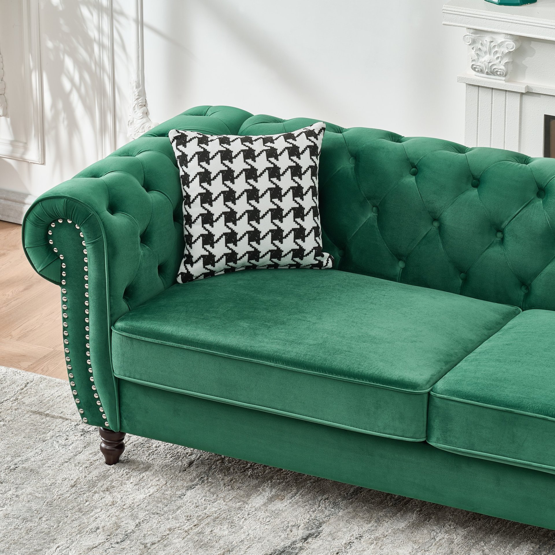 Chesterfield Sofa With Roll Armrest & Nailhead, 3 And 2 Seater - Green - Image 3