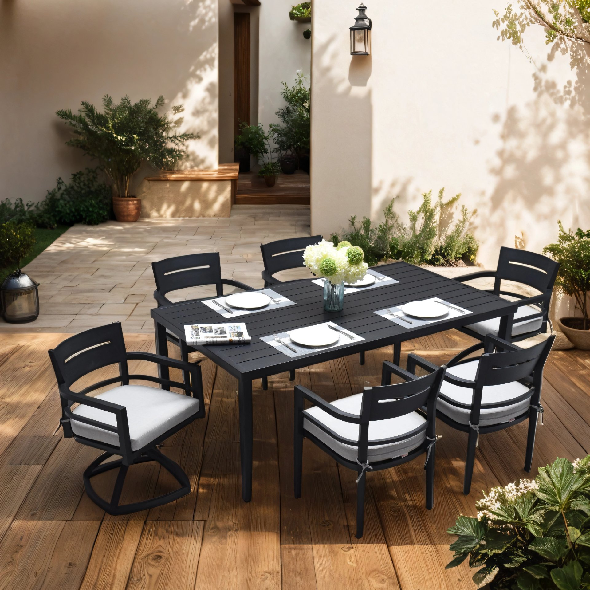 Outdoor Patio Rectangle Dining Table With Tapered Feet & Umbrella Hole - Ember Black - Image 4