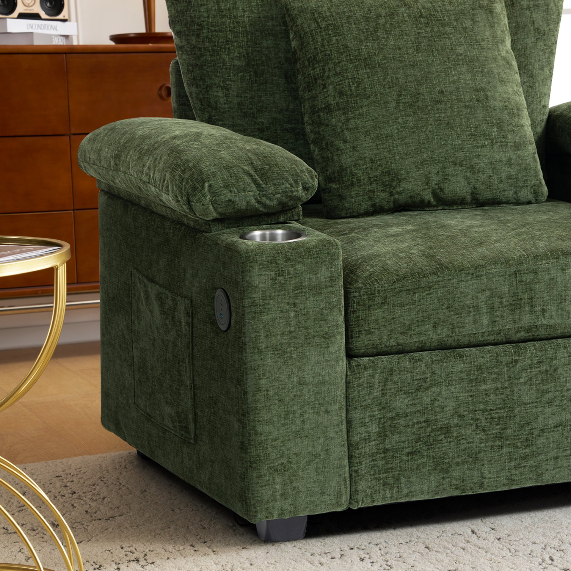 Modern Oversized Chair With Ottoman, Chenille Fabric Sofa Bed, Accent Chair Comfy Sofa With Cupholders And USB Charging Ports Chair For Living Room - Green - Image 6