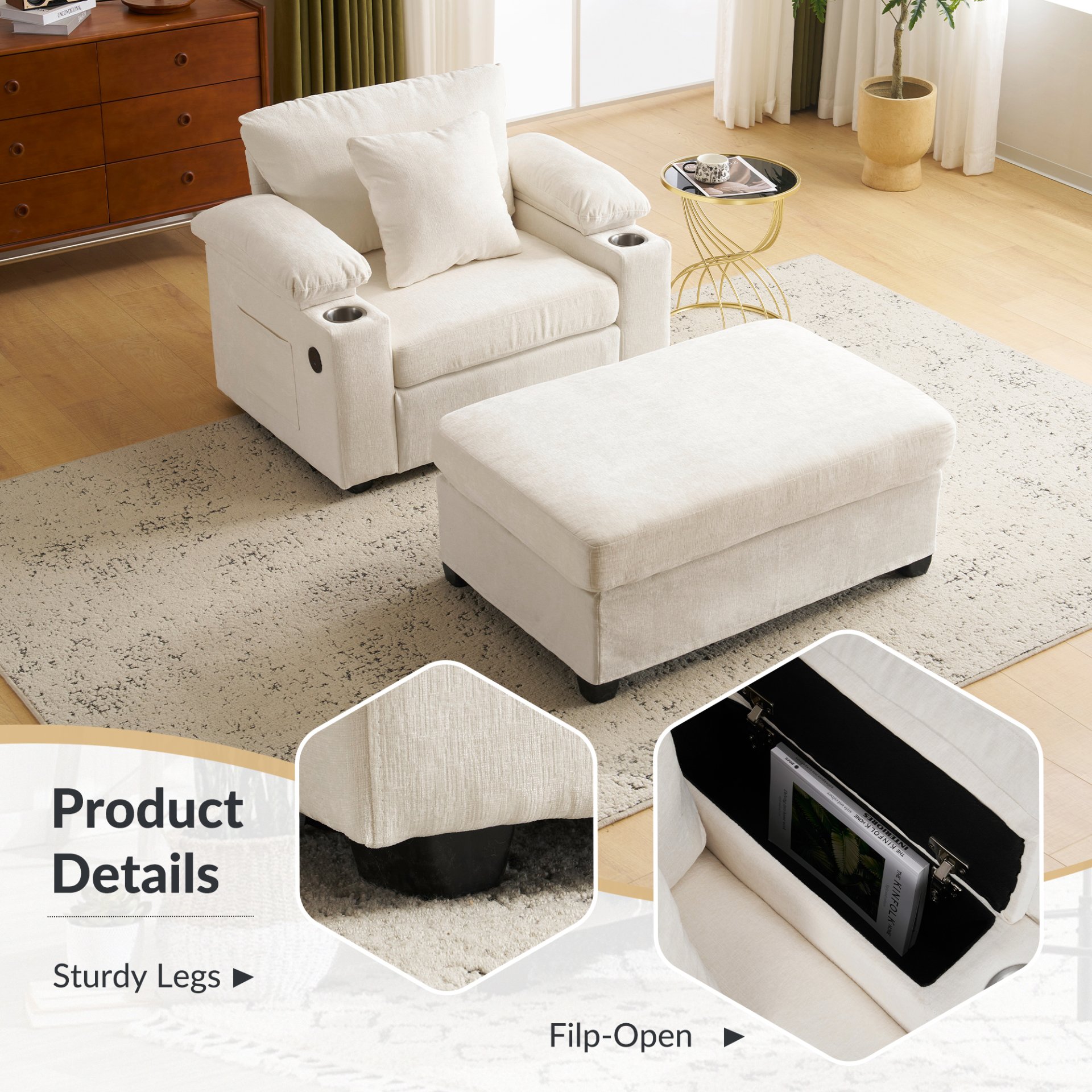 Modern Oversized Chair With Ottoman, Chenille Fabric Sofa Bed, Accent Chair Comfy Sofa With Cupholders And USB Charging Ports Chair For Living Room, Bedroom, Apartment - Beige - Image 6