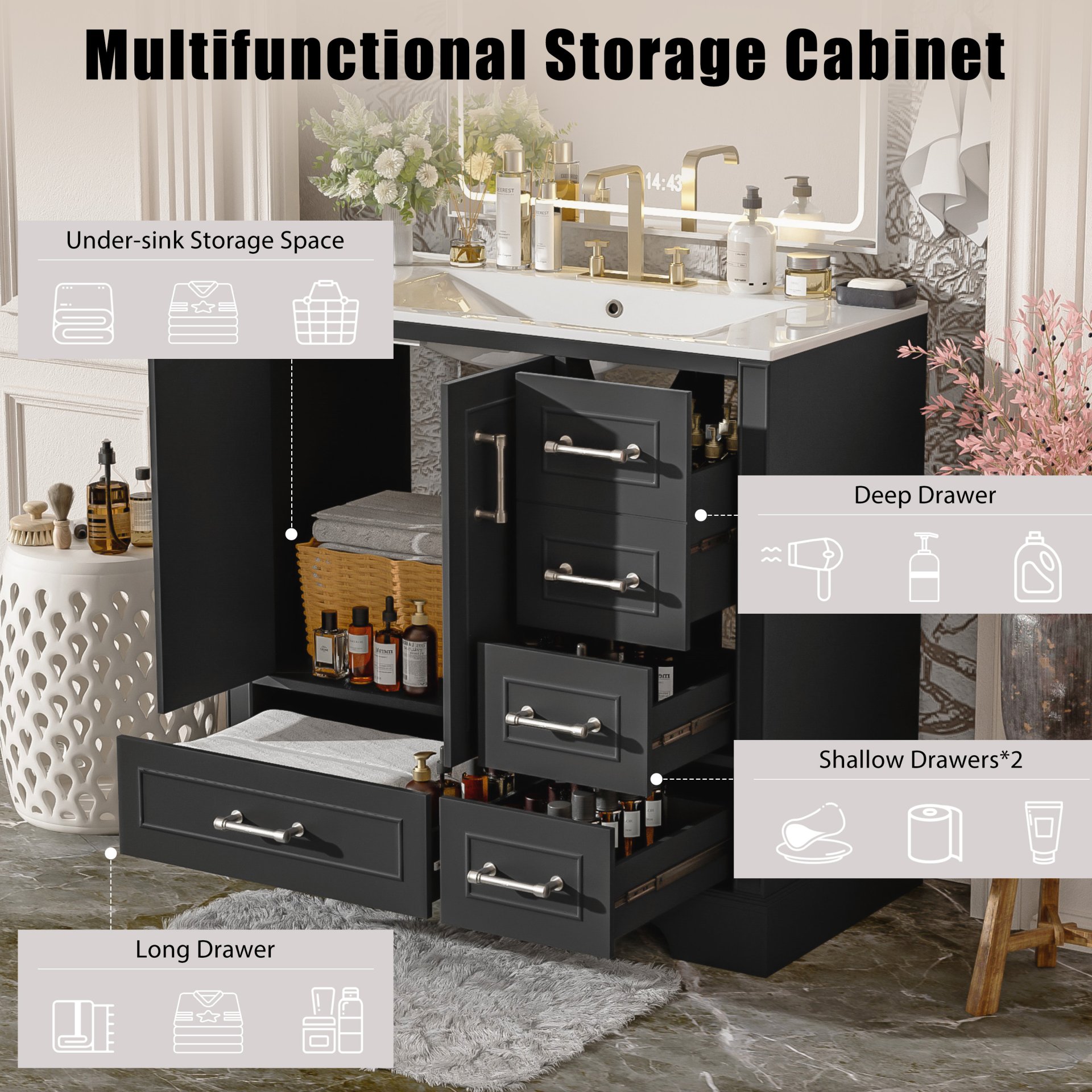 Traditional 36" Bathroom Vanity With Sink And Cabinet With Soft Close Doors And Drawers - Black - Image 9