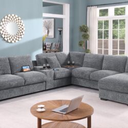 Celine - Chenille Fabric Corner Sectional Sofa With Right Facing Chaise, Cupholders, And Charging Ports - Light Gray