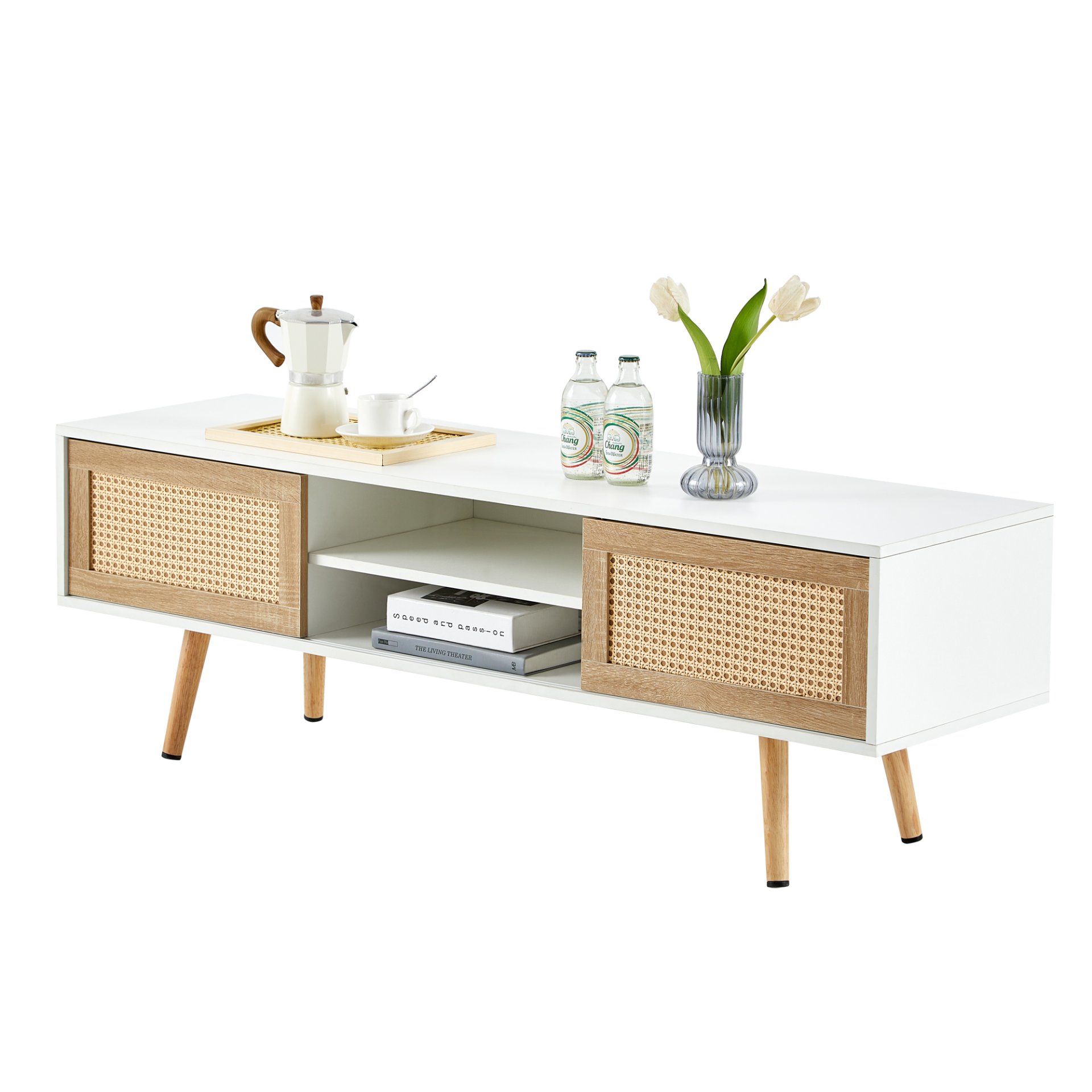 55.12" Rattan TV Cabinet, Double Sliding Doors For Storage, Adjustable Shelf, Solid Wood Legs, TV Console For Living Room - White - Image 4