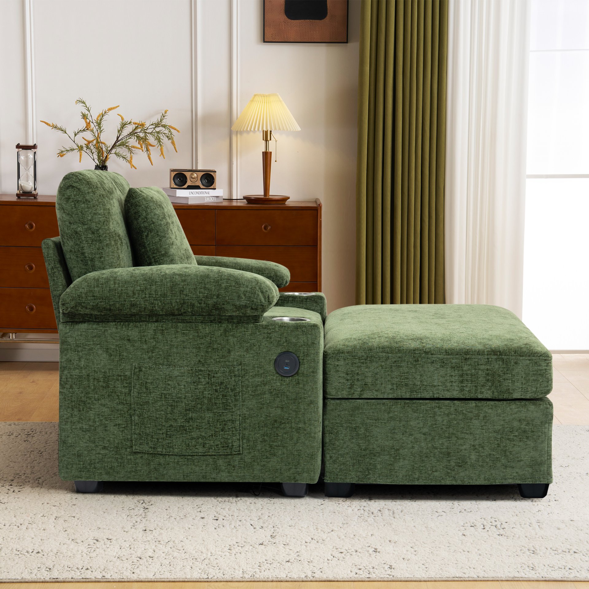 Modern Oversized Chair With Ottoman, Chenille Fabric Sofa Bed, Accent Chair Comfy Sofa With Cupholders And USB Charging Ports Chair For Living Room - Green - Image 5