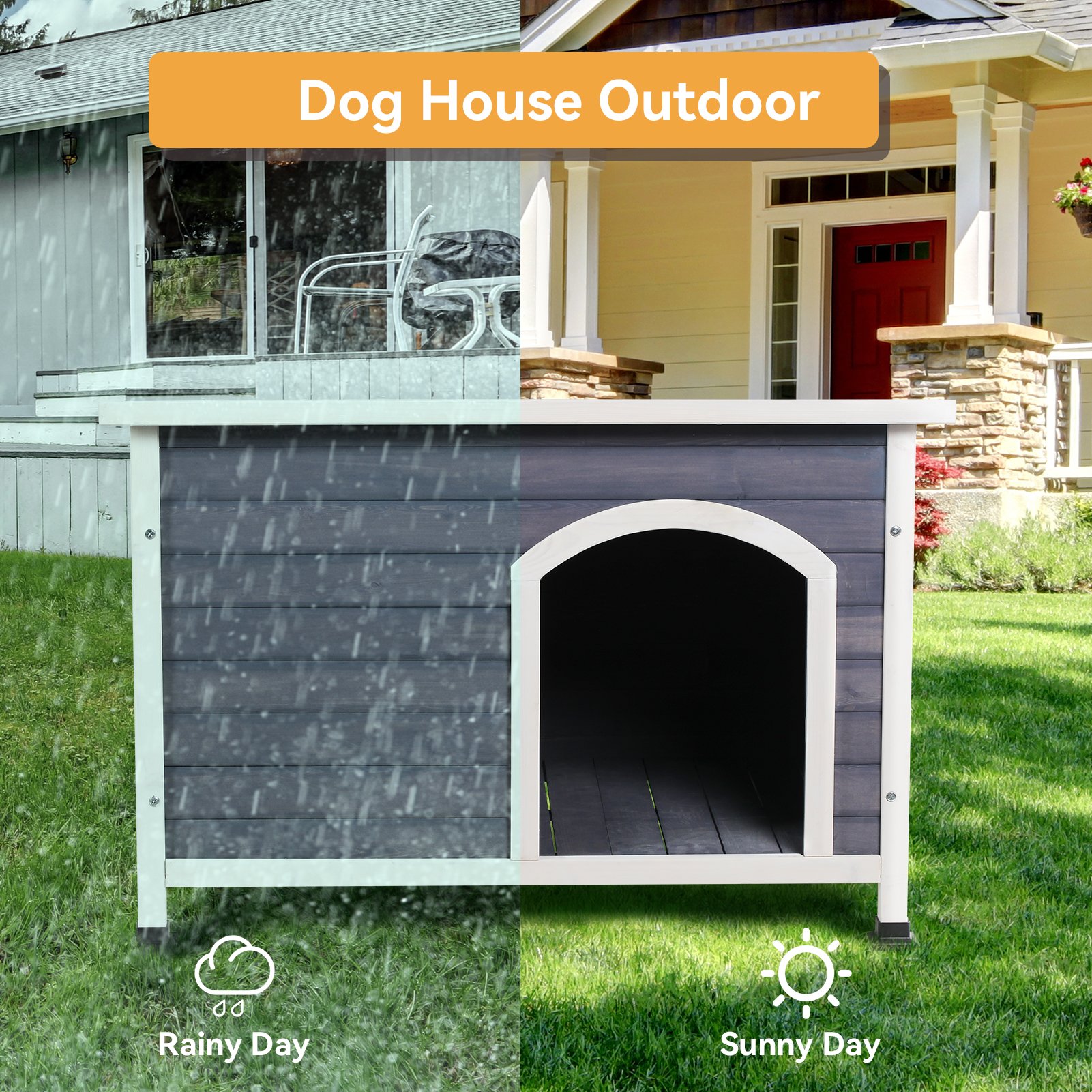 Medium Wooden Outdoor Dog House, Waterproof Roof, Elevated Floor - Gray - Image 6