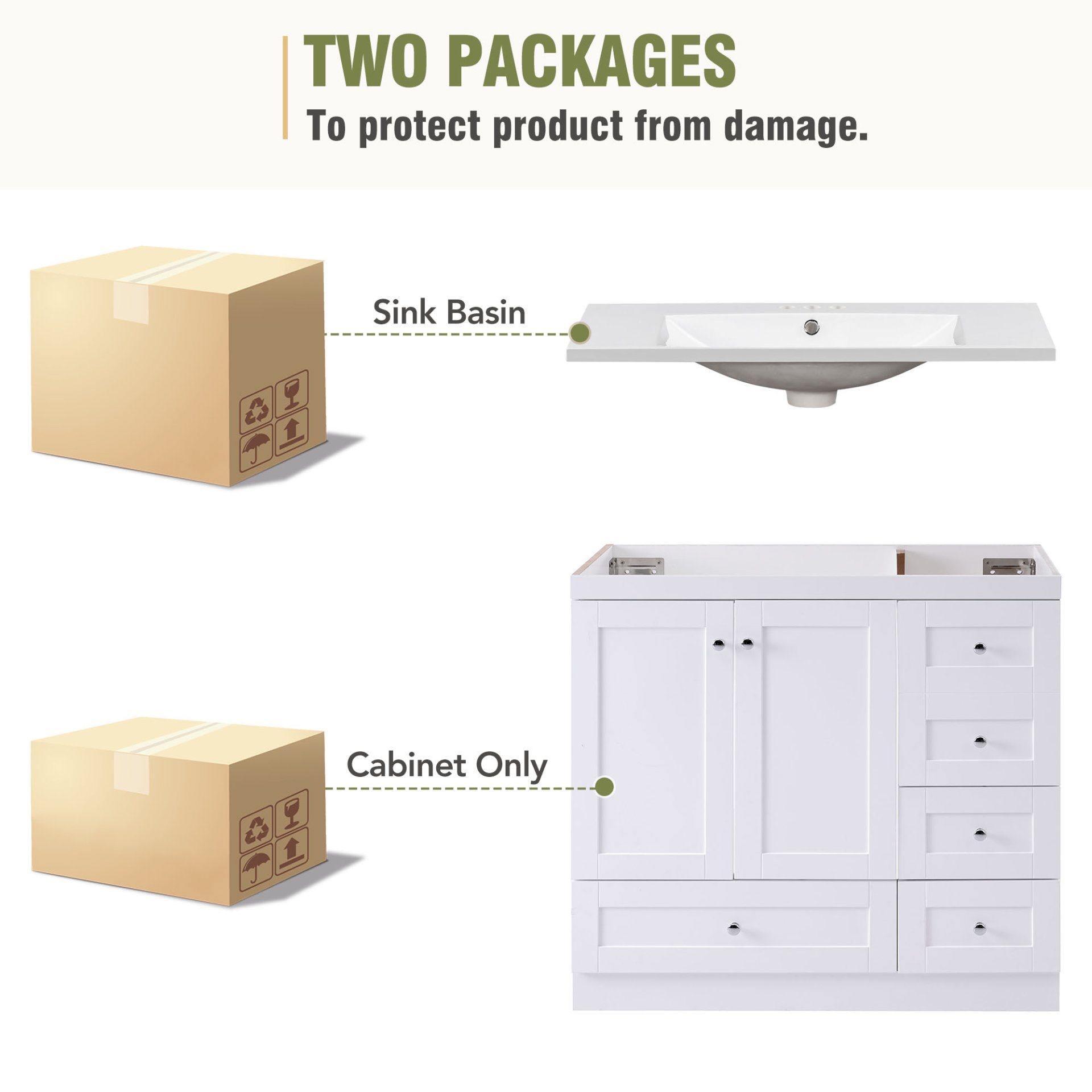 Shaker Style Free Standing Bathroom Vanity Cabinet With Sink, 4 Soft Close Drawers And 2 Soft Close Doors - White - Image 9