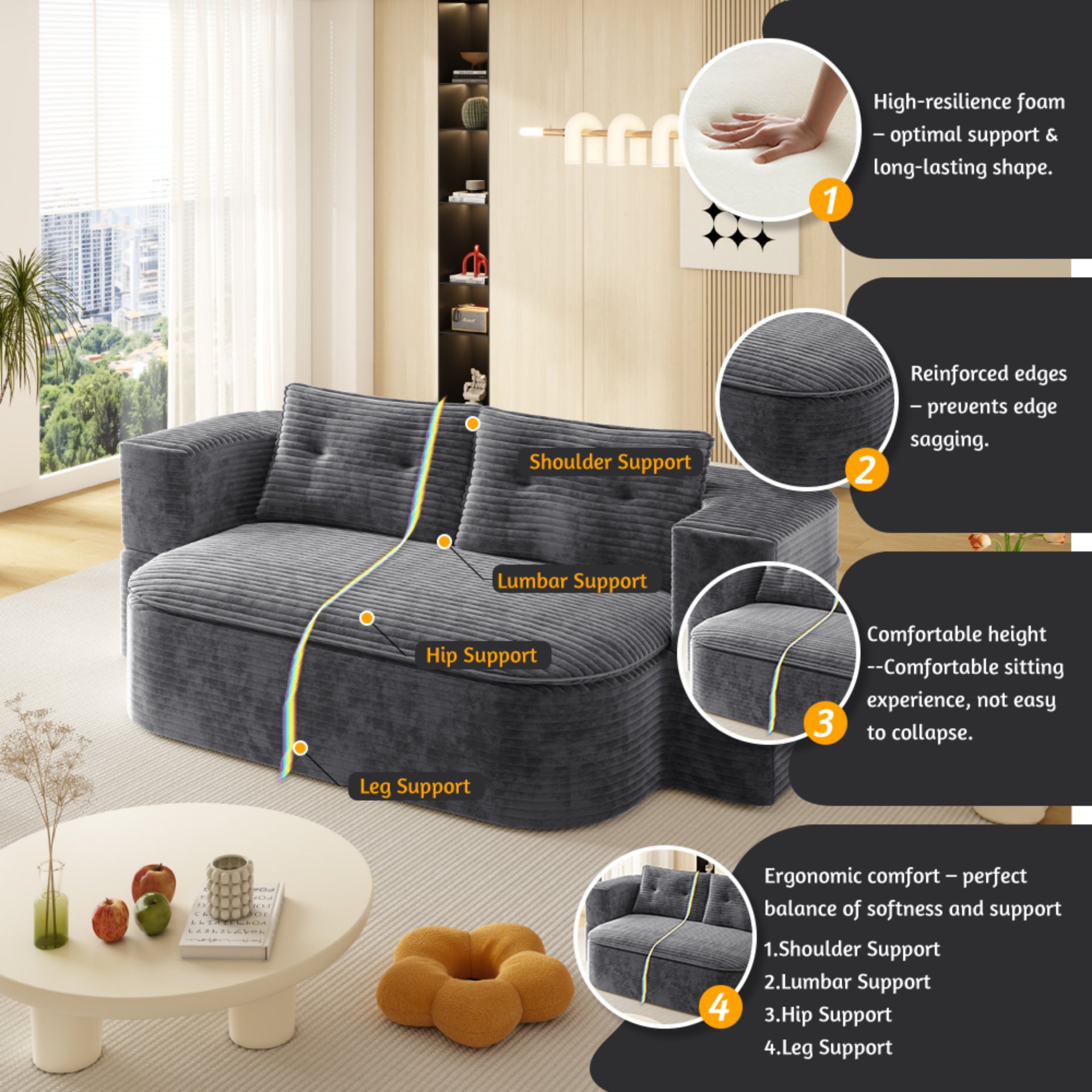 2 In 1 Foldable Sofa Plush Corduroy Sofa Convertible Floor Sofa Bed Deep Seating With Multi Functional Blanket Suitable For Living Rooms - Dark Gray - Image 17