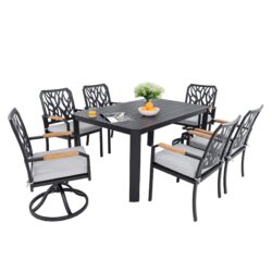 7 Pieces Outdoor Patio Furniture Set, 4 Dining Chairs & 2 Swivel Rockers Sunbrella Fabric, Rectangular Table With Umbrella Hole - Bourbon Brown