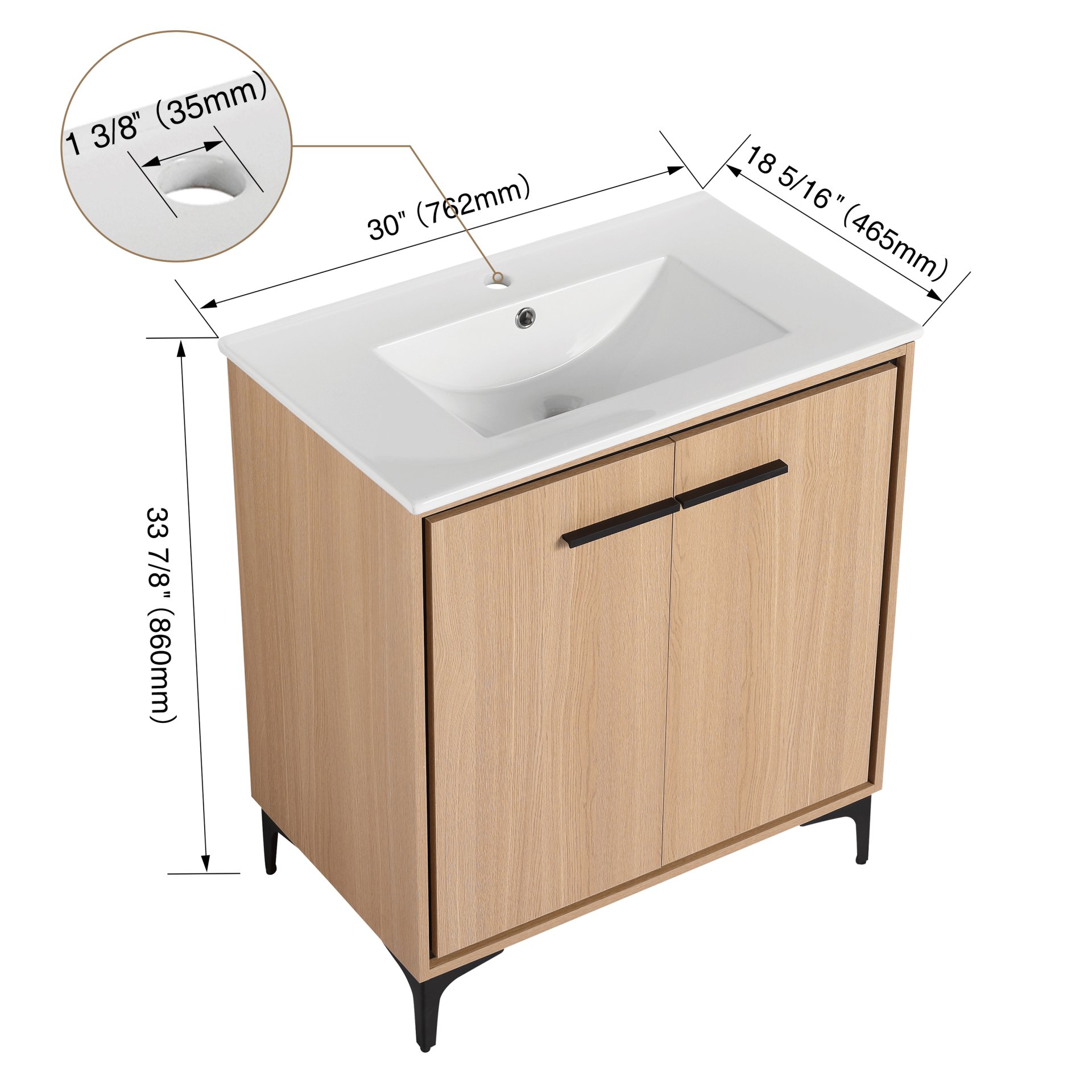 30" Bathroom Vanity Base With Basin And Storage Cabinet - Oak - Image 3