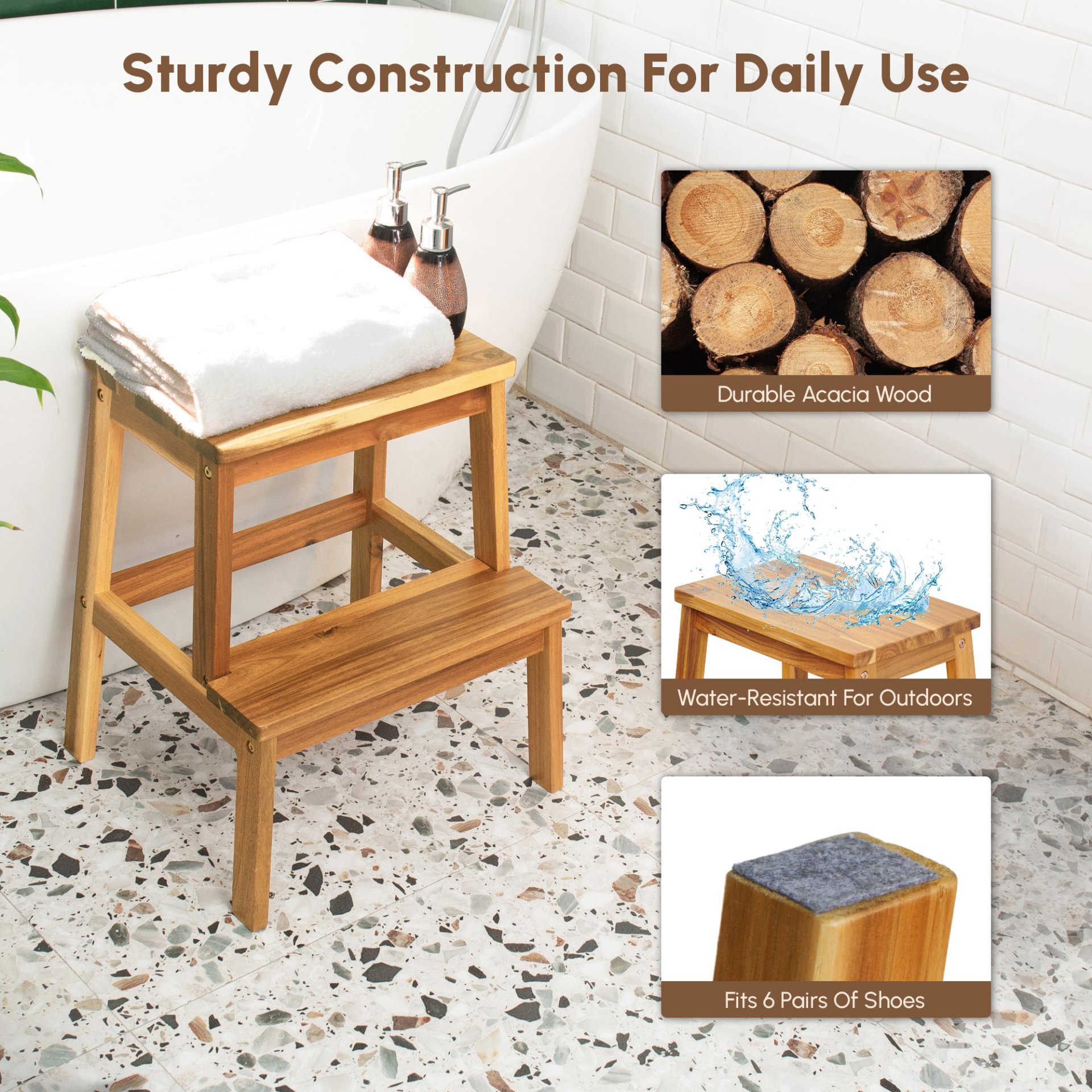 2 Step Stool, Indoor / Outdoor Use - Acacia Wood - Image 4