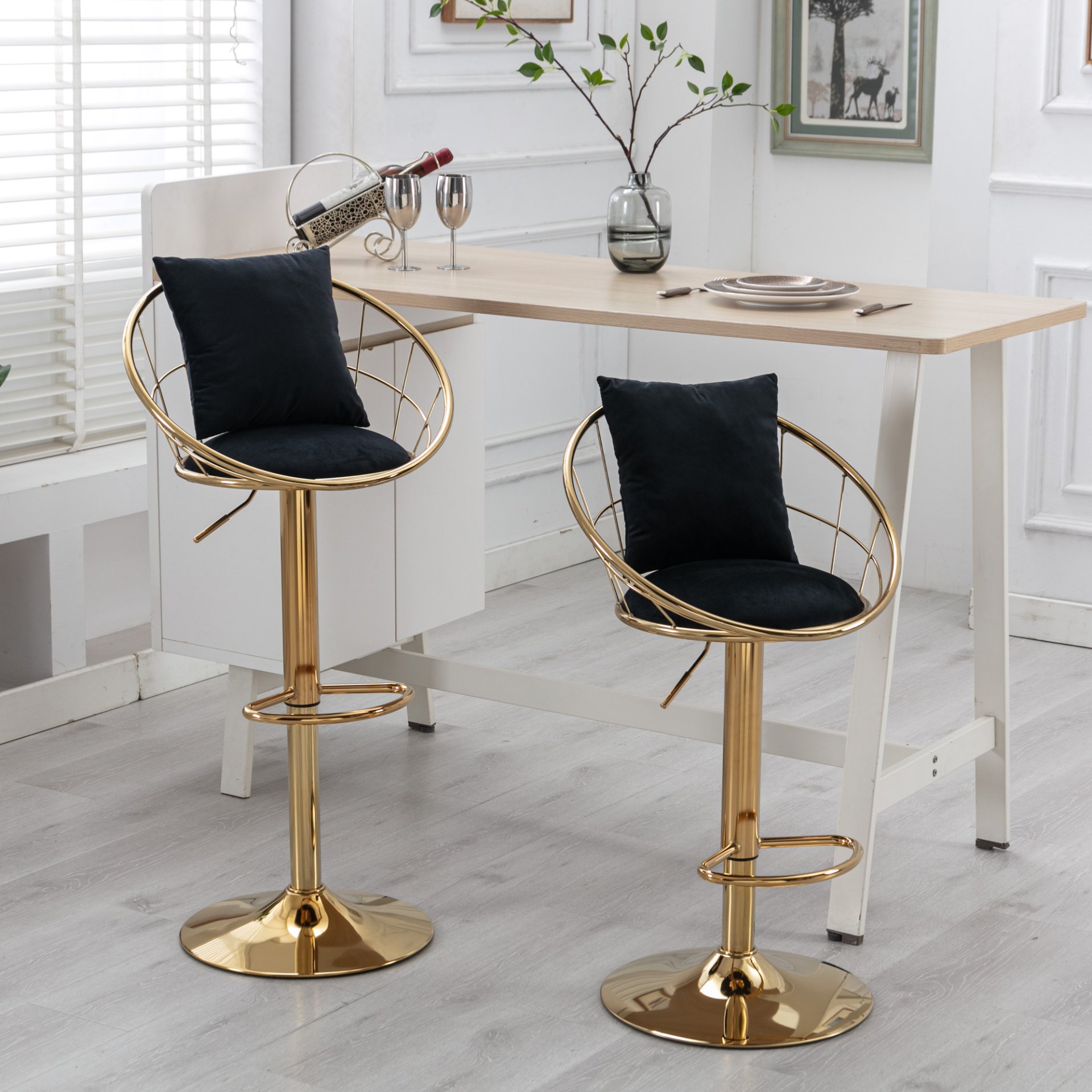 Velvet Bar Chair, Pure Gold Plated, Unique Design, 360 Degree Rotation, Adjustable Height, Suitable For Dining Room And Bar, (Set of 2) - Black - Image 5