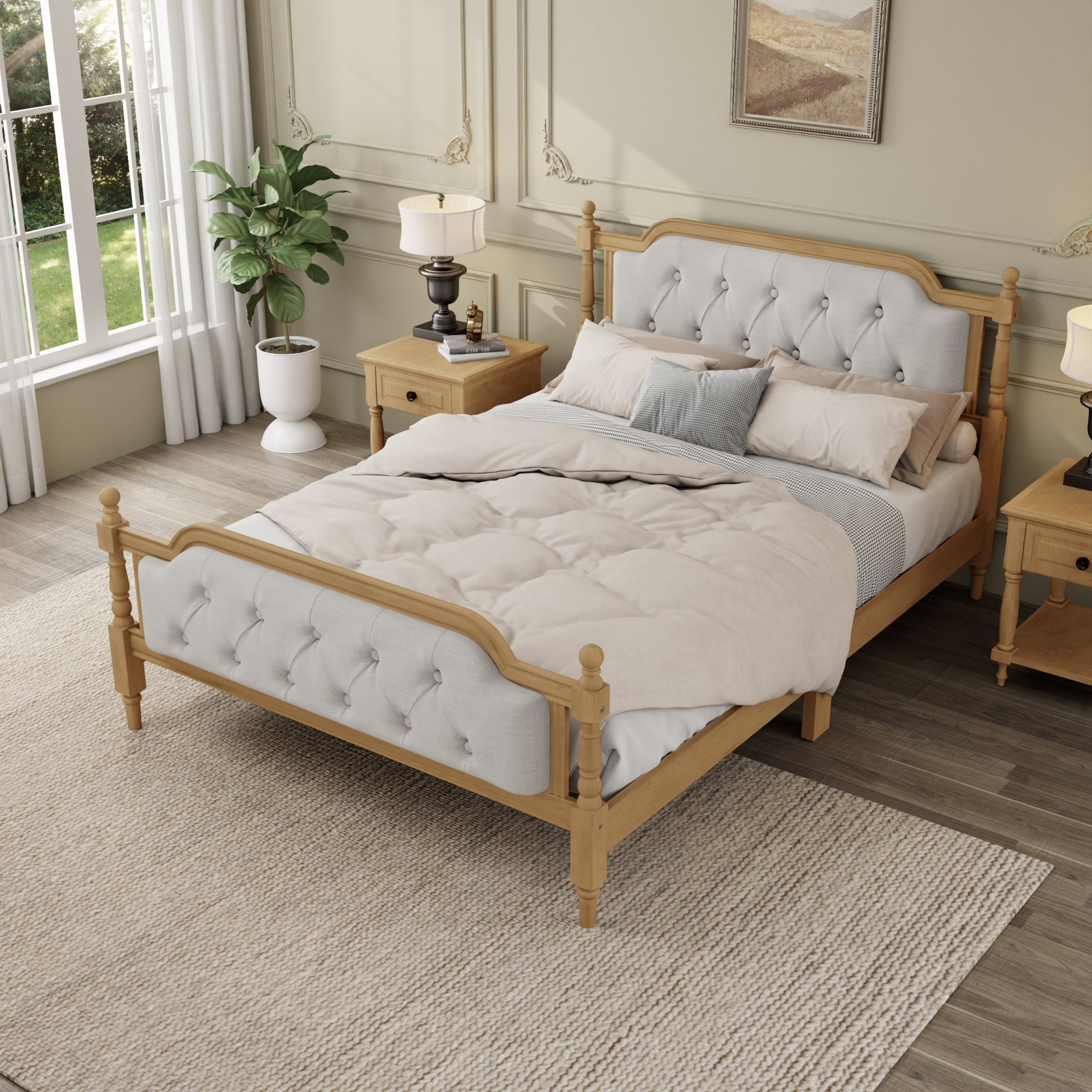 Full Size Traditional Style Solid Bed Frame With Upholstered Tufted Headboard, No Box Spring Needed - Antique Walnut - Image 11