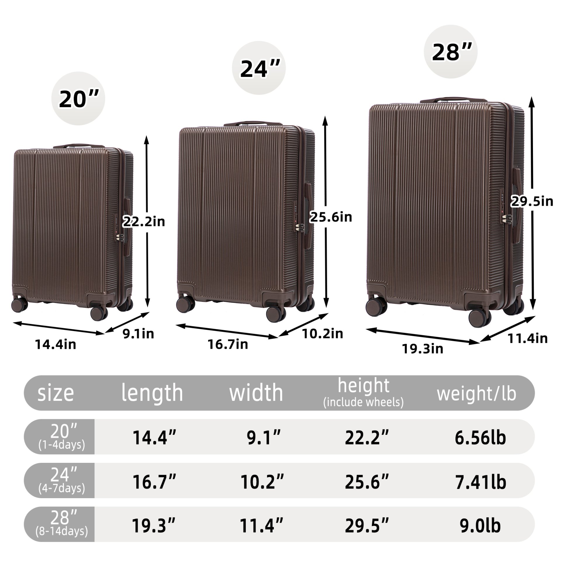 20" / 24" / 28" 3 Pieces / Set Spinner Wheel Luggage, Carry On Suitcase, Matching Color, TSA Combination Lock - Brown - Image 3