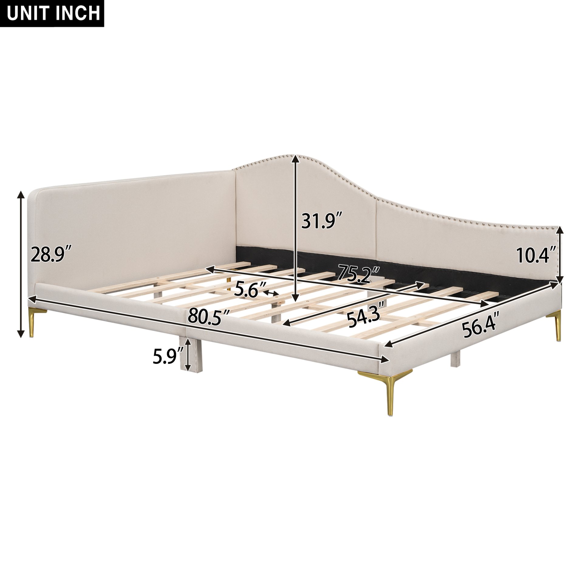 Full Size Upholstered Daybed With Headboard And Armrest, Support Legs - Beige - Image 3