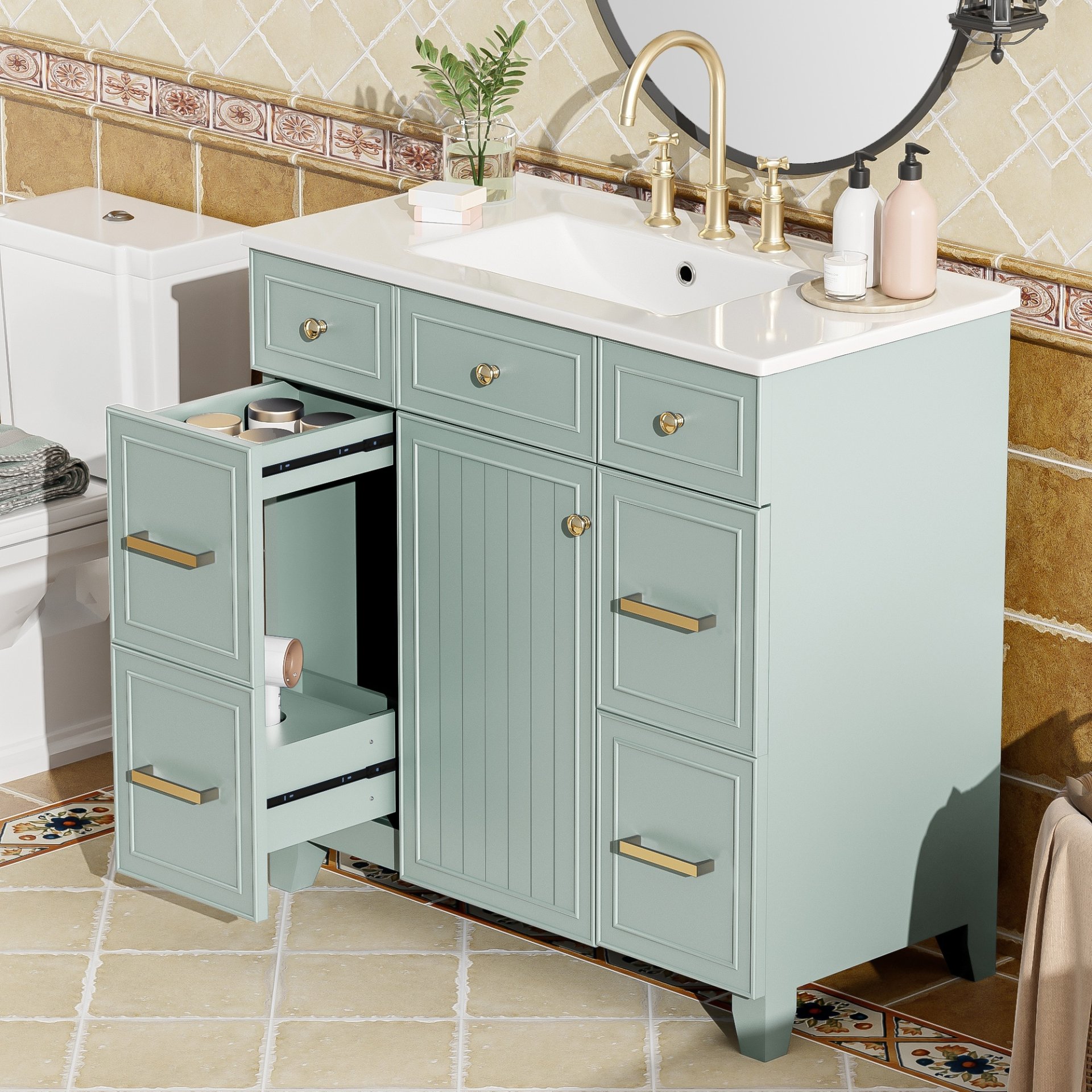 36" Bathroom Vanity With Sink, Soft Close Doors, Adjustable Shelves, And Hairdryer Storage - Green - Image 7