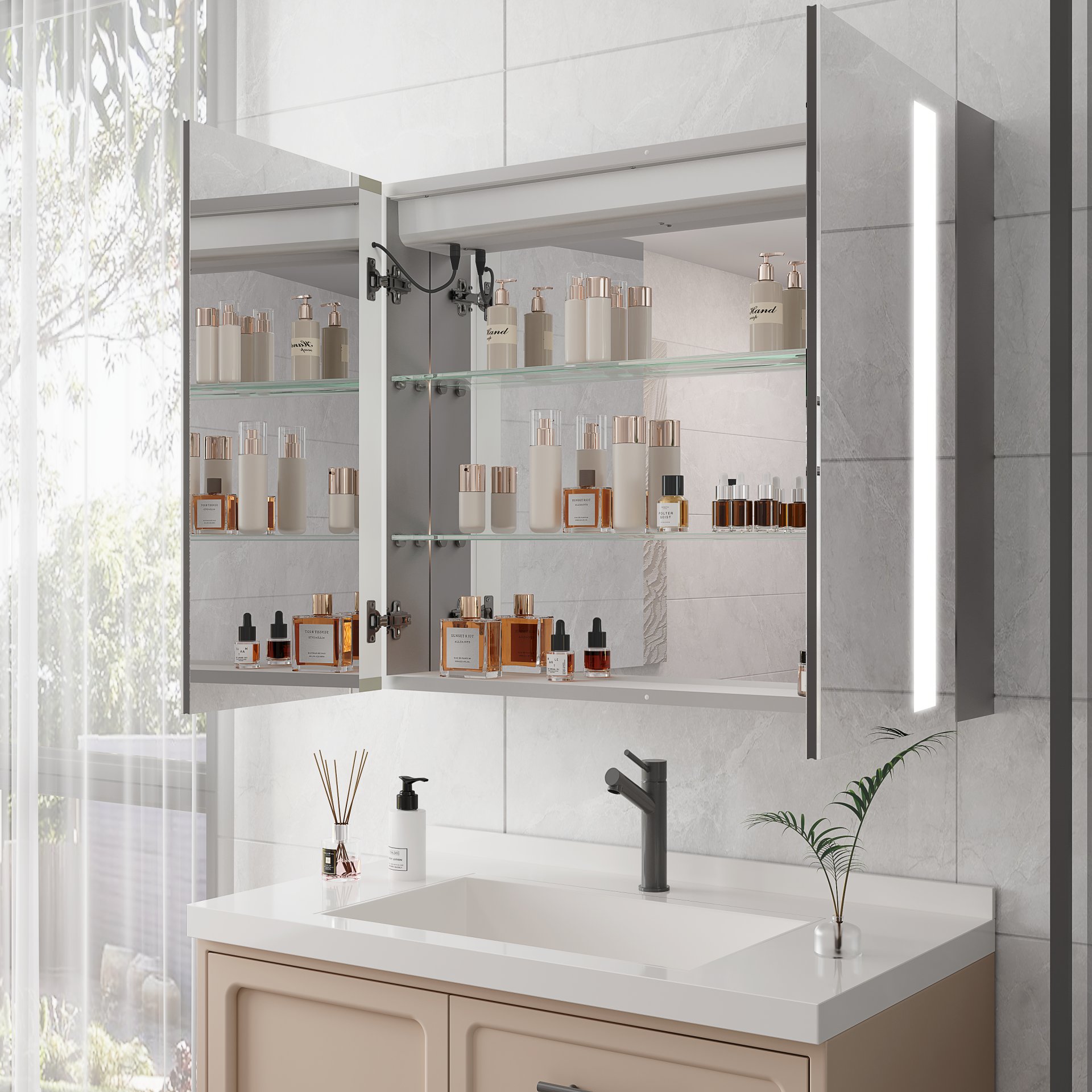 36" X 30" Medicine Cabinet With LED Vanity Mirror, Anti-Fog, Dimmable, Recessed Or Surface Mount, Aluminum 3000K~6000K Lighted Double Door Bathroom Cabinet With Touch Switch - Silver - Image 6