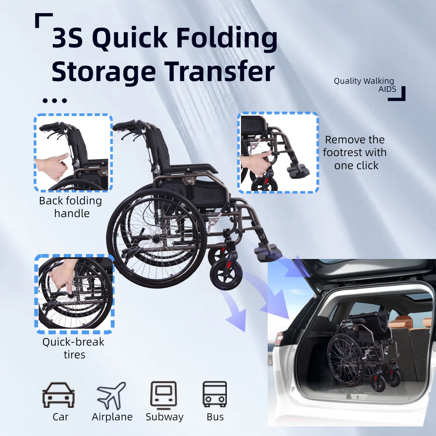 Premium Nursing Folding Wheelchair Frame Double Brakes Adjustable Seat Belt & Breathable Cushion Safe Comfortable Ride With Anti Backflip & Stability Features - Black / Gray - Image 9