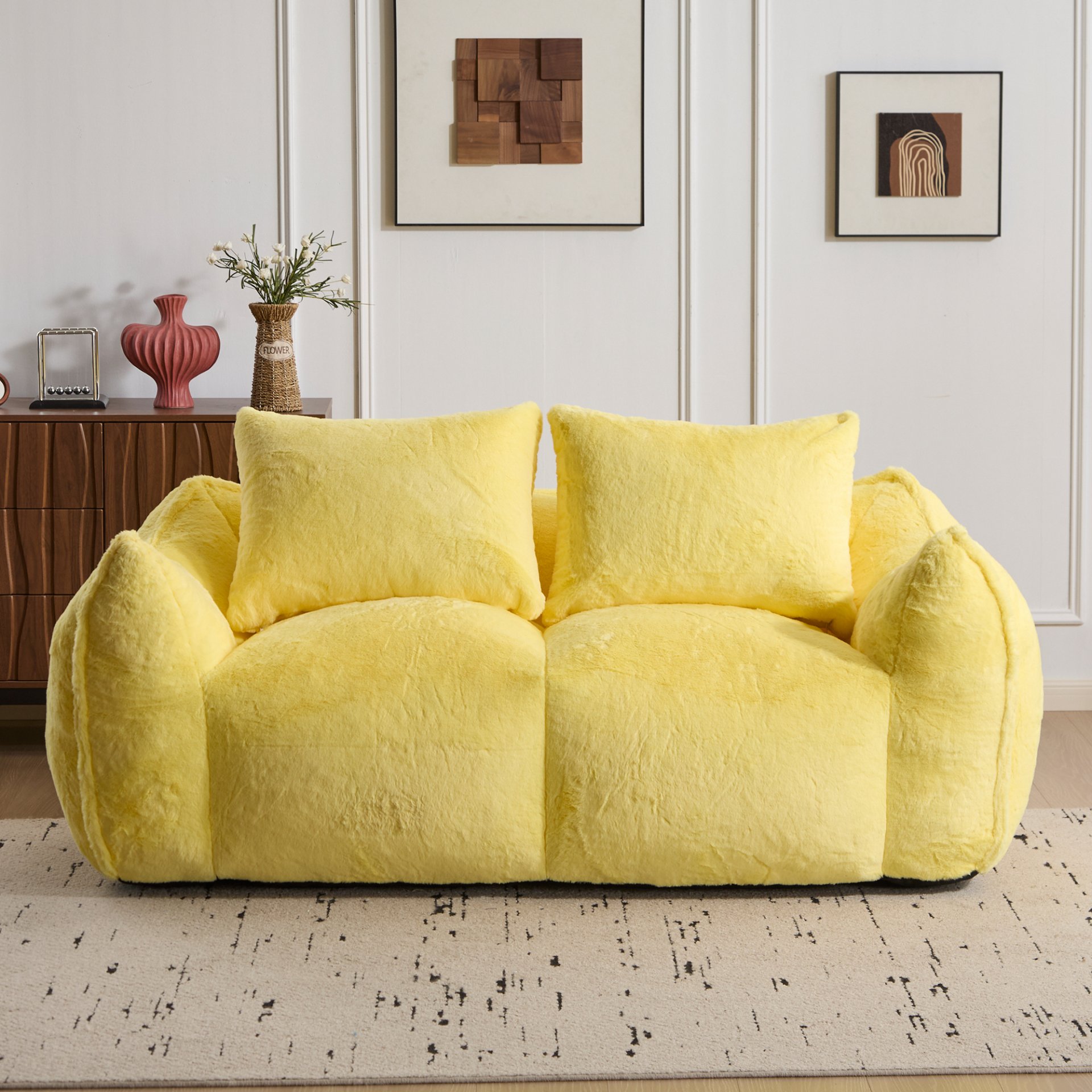 Giant Bean Bag Couch, Ultra Soft Fluffy Loveseat For Living Room Reading Chair With Pillows - Yellow - Image 4