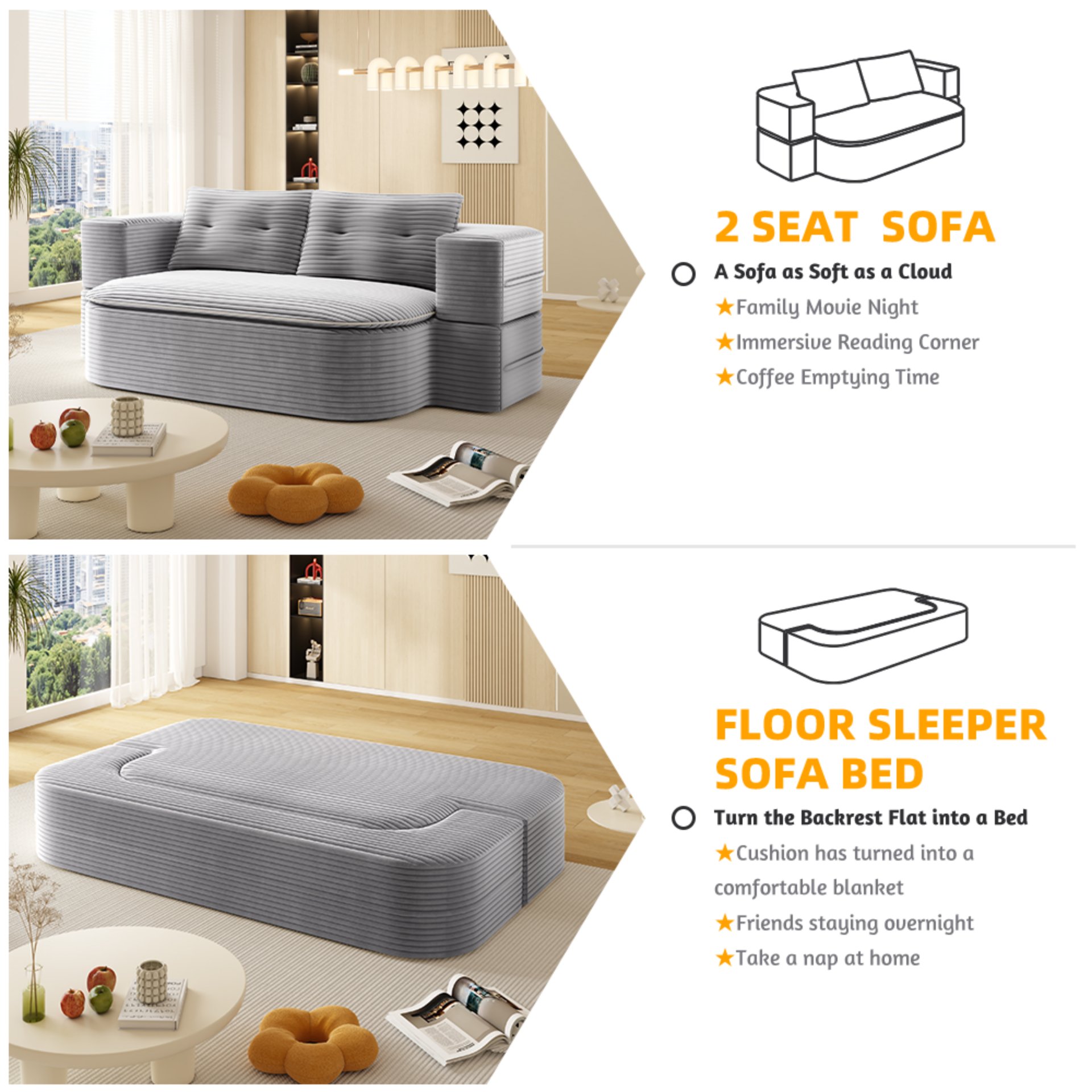 2 In 1 Foldable Sofa Plush Corduroy Sofa Convertible Floor Sofa Bed Deep Seating With Multi Functional Blanket Suitable For Living Rooms - Light Gray - Image 17
