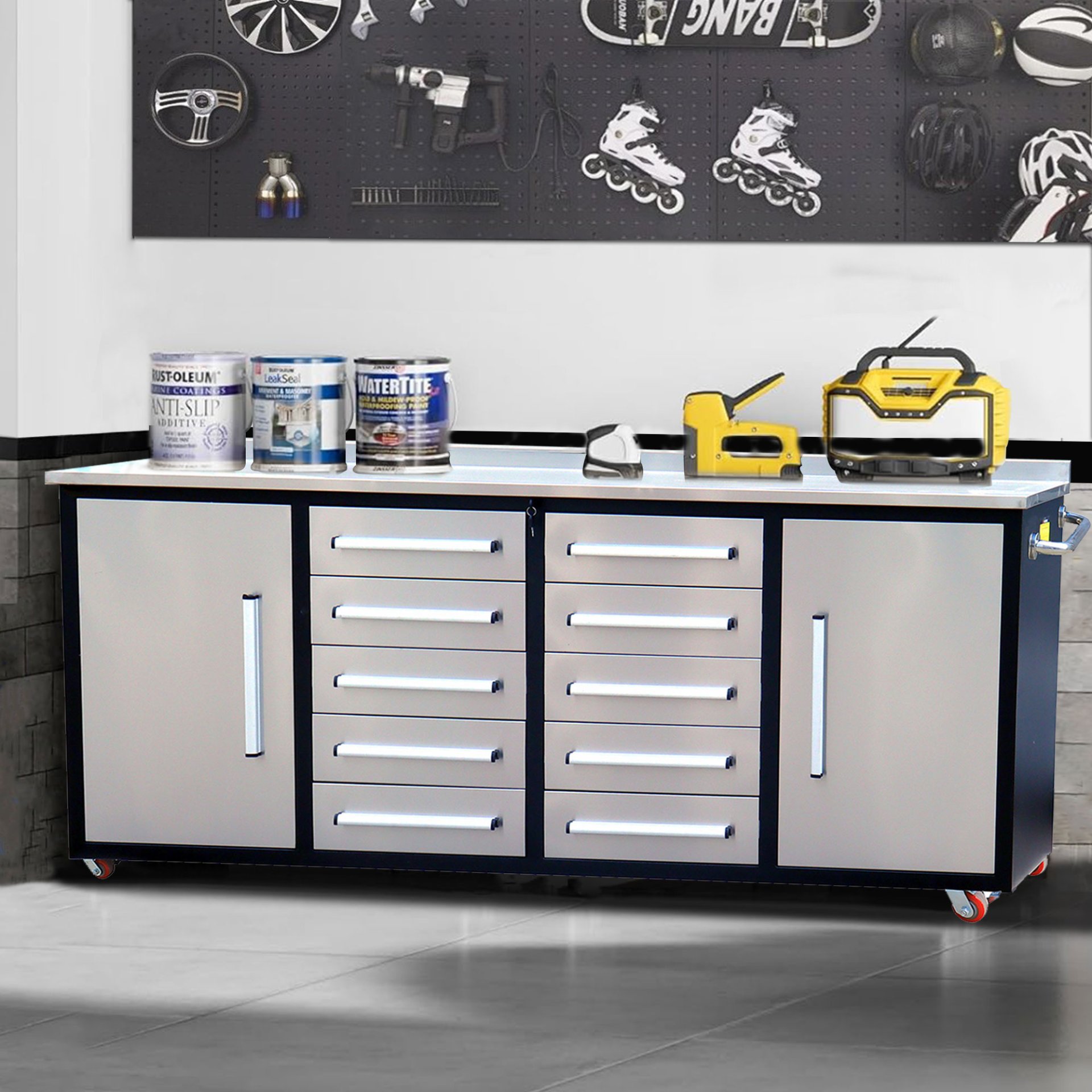 Storage Cabinets With Workbench (10 Drawers & 2 Cabinets) - Silver - Image 2