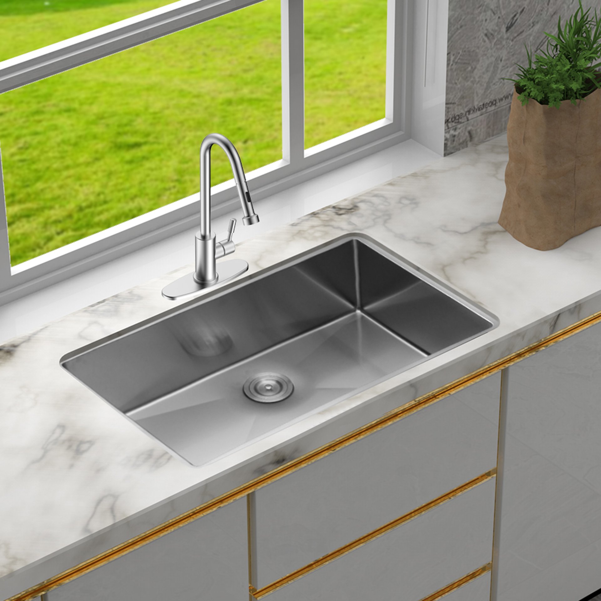 28" Undermount Kitchen Sink With, 10" Deep, Single Bowl, Rounded Corners - Brushed Nickel - Image 2