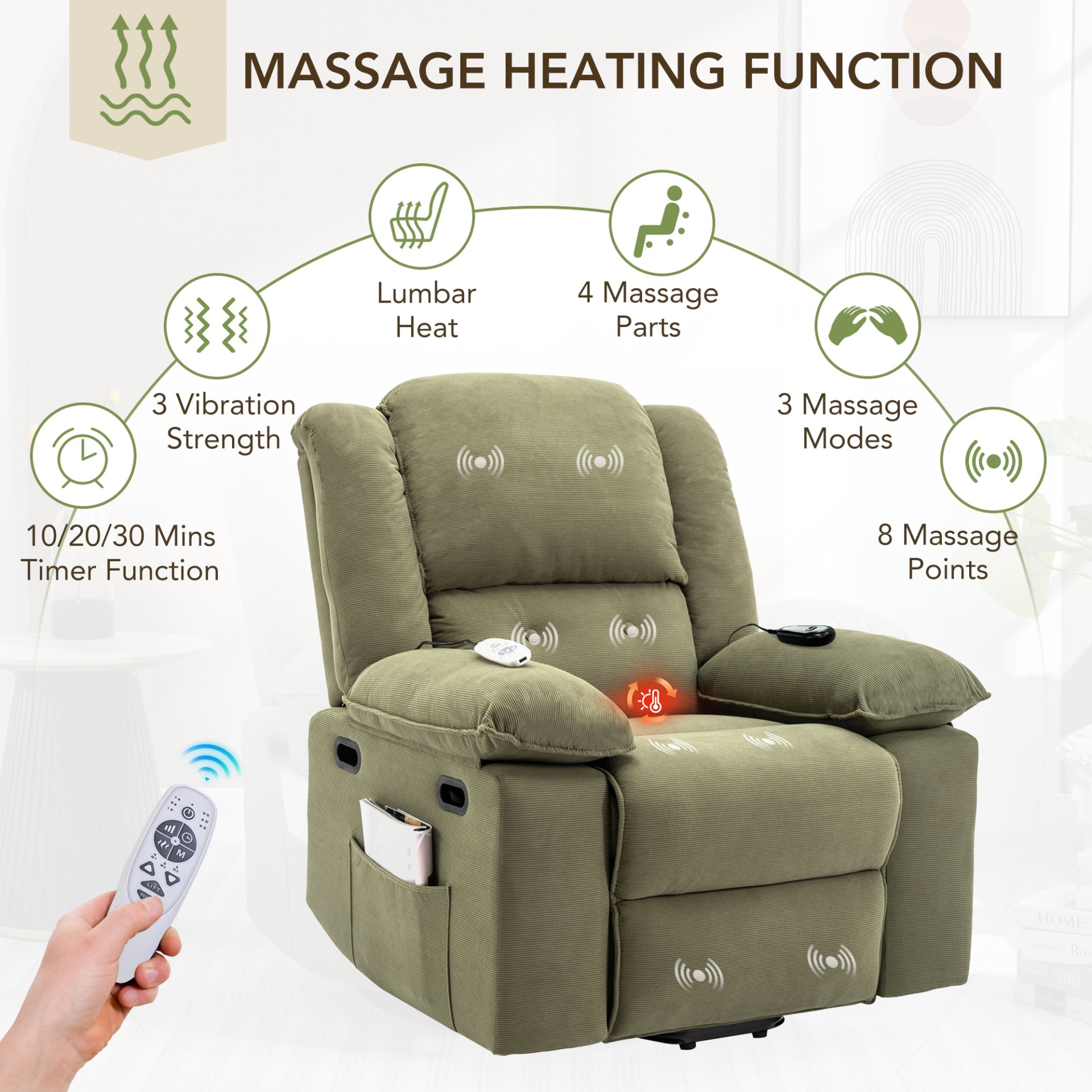 Massage Recliner, Power Lift Chair & Adjustable Massage And Heating Function, Recliner Chair With Infinite Position And Side Pocket For Living Room - Green - Image 4