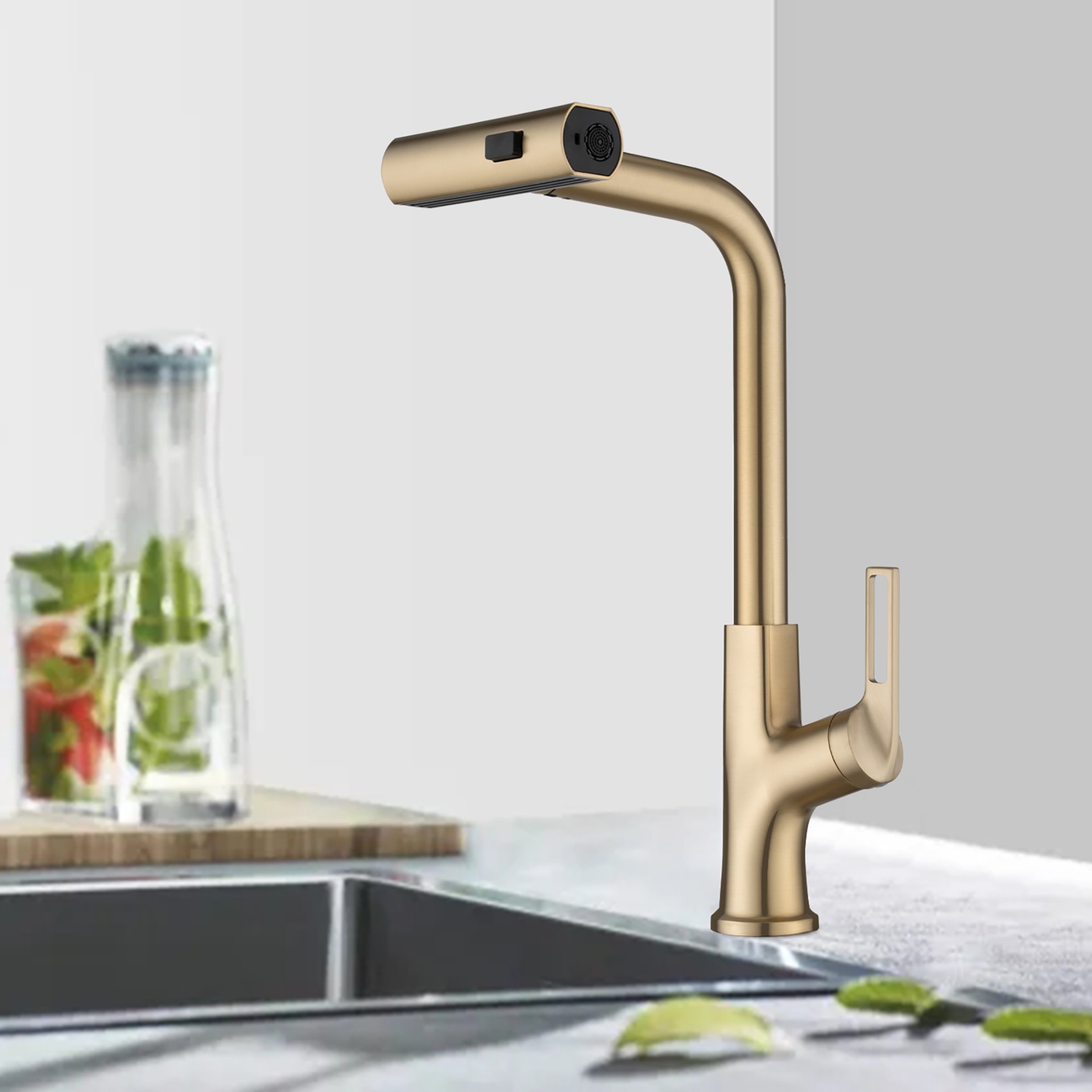Kitchen Waterfall Faucet With Pull Down Sprayer, Single Handle, 360 Degree Rotating Zinc Alloy - Brushed Gold - Image 2