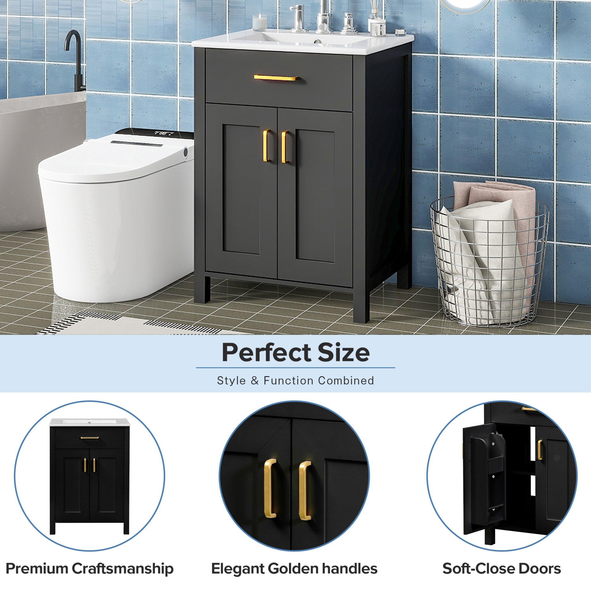 Bathroom Vanity With Sink, Soft Close Doors, Flip Drawer, U Shaped Shelves - Black - Image 9