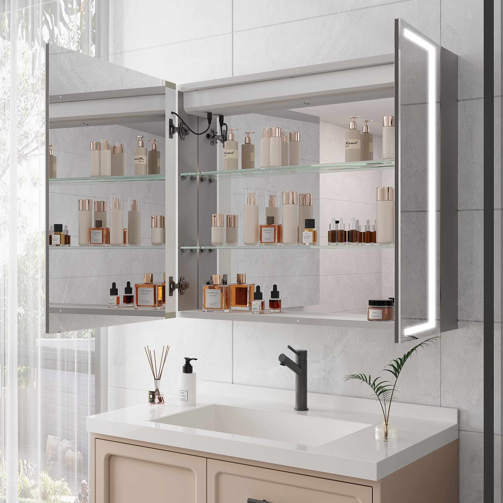 36" X 30" Medicine Cabinet With LED Vanity Mirror, Anti-Fog Recessed Or Surface Mount Bathroom Double Door Large Storage 3000K~6000K Bright Lighted Aluminum Storage Cabinet With Touch Switch - Silver - Image 7