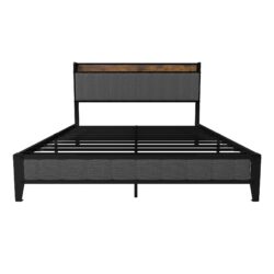 Full Size Bed Frame With Charging Station, American Design Upholstered Headboard, Metal Platform - Light Gray