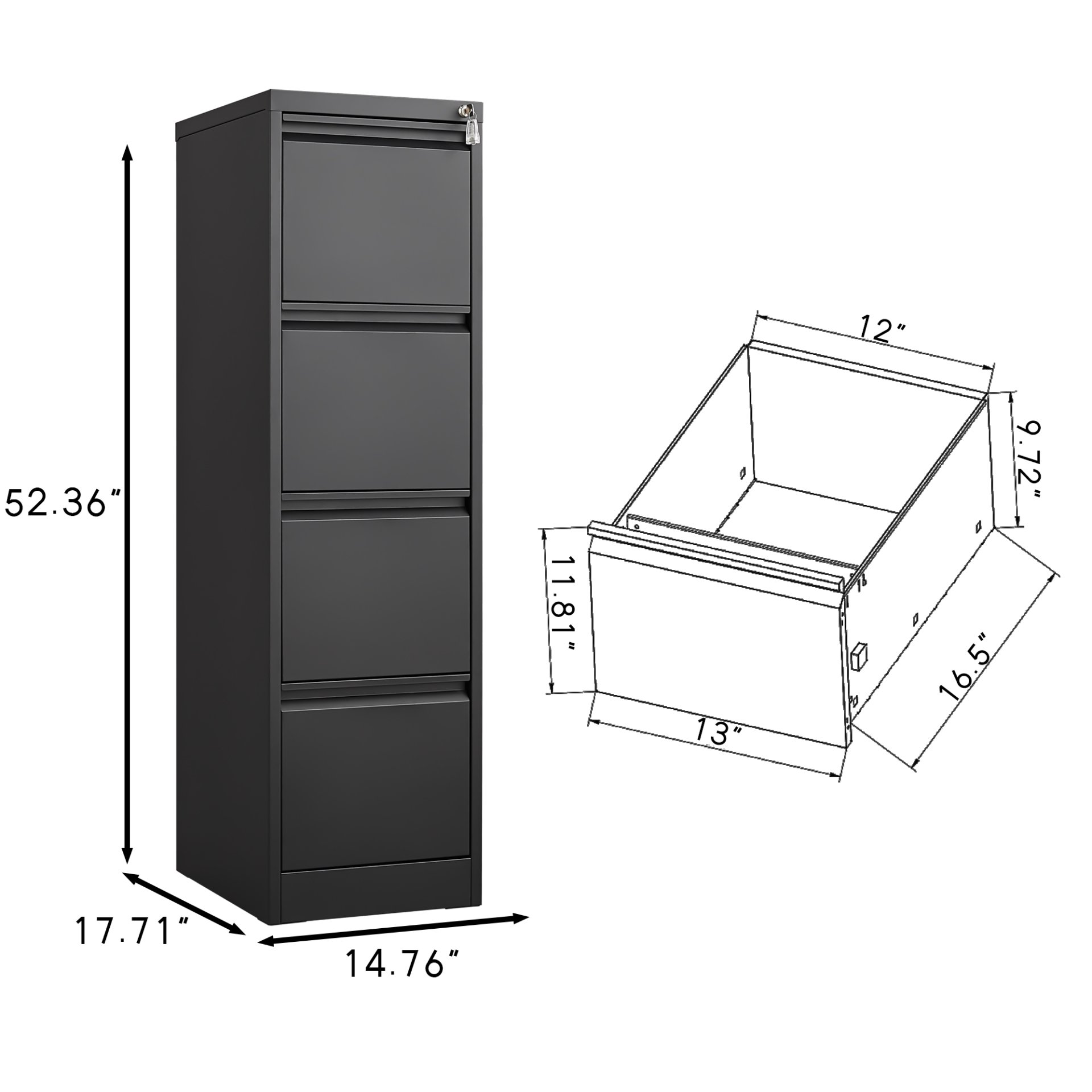4 Drawer Vertical File Cabinet With Lock For Home Office Organizer Metal Filing Cabinet Letter / A4 / Legal Size - Black - Image 3