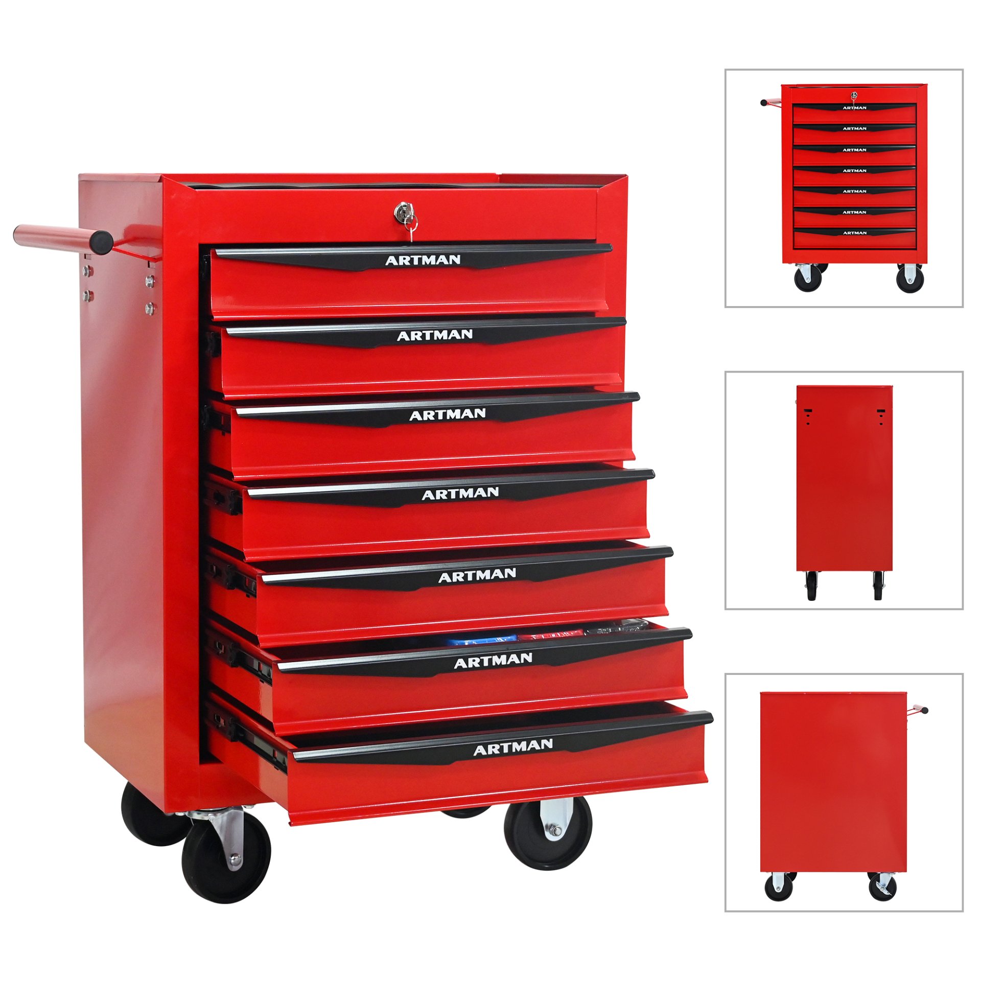Rolling Metal Tool Chest With 7 Drawers, 20" Steel Storage Cabinet With Ball Bearing Slides - Red / Black - Image 7