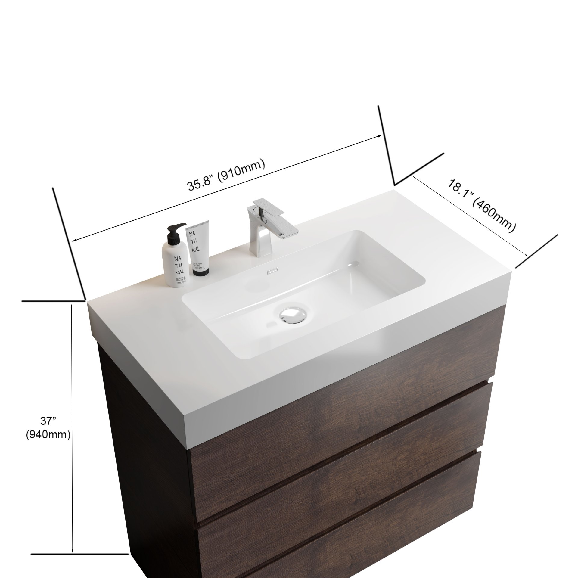 Alice - 36" Bathroom Vanity With Sink, Large Storage Freestanding Bathroom Vanity For Modern Bathroom, One-Piece Sink Basin Without Drain And Faucet - White / Walnut - Image 3