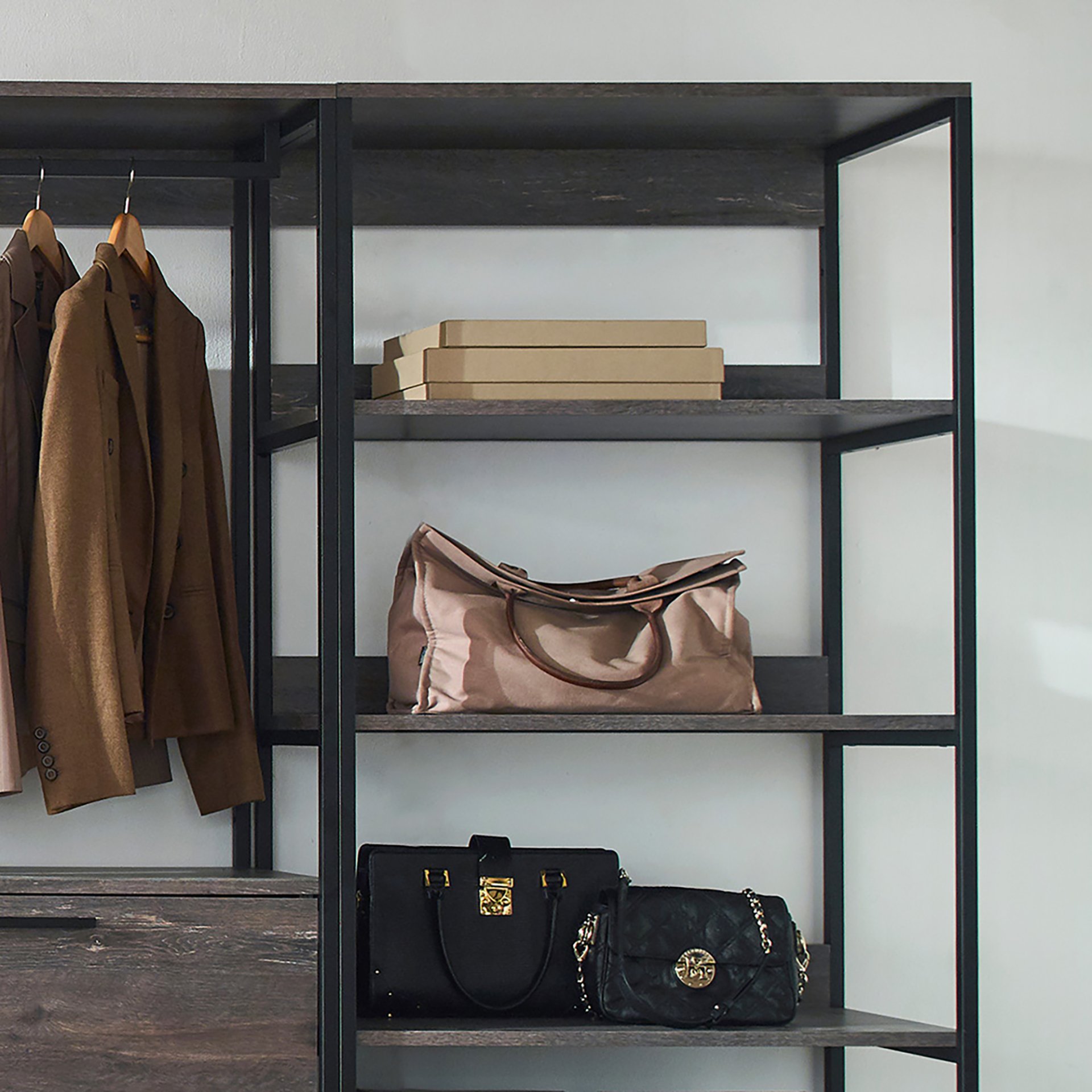 Monica - Wood Walk In Closet System, Powder Coated Metal Frame And Melamine - Rustic - Image 4