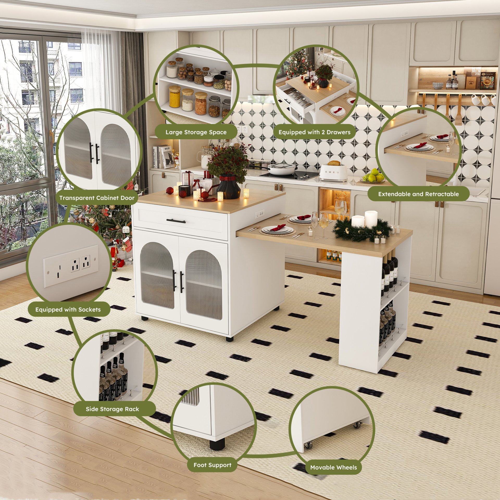 Expandable Kitchen Island With Dining Table - White - Image 7