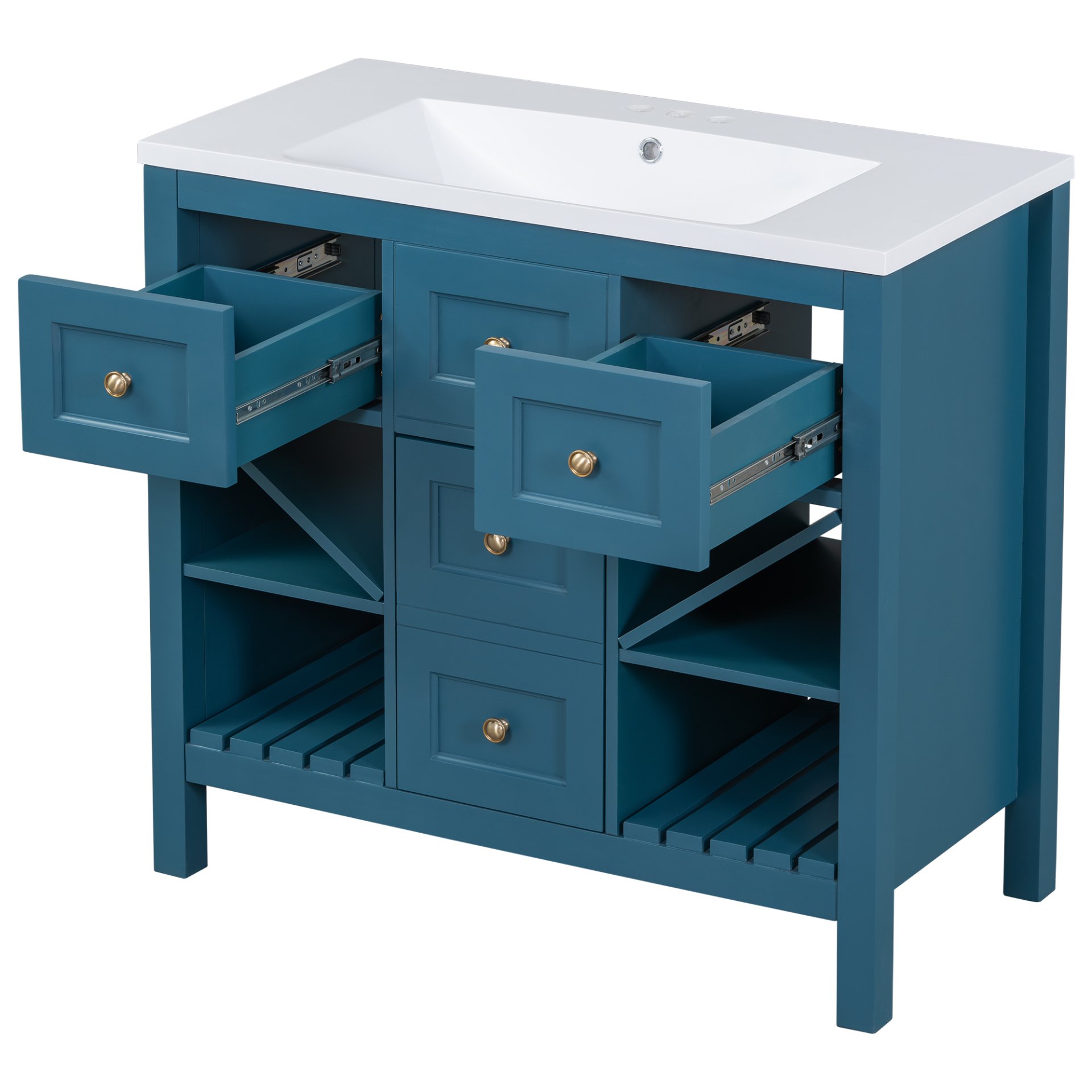 Bathroom Vanity With Resin Sink Combo, Frame Bathroom Storage Cabinet, Freestanding Vanity Set, 5 Drawers & Soft Closing Doors - Blue - Image 14