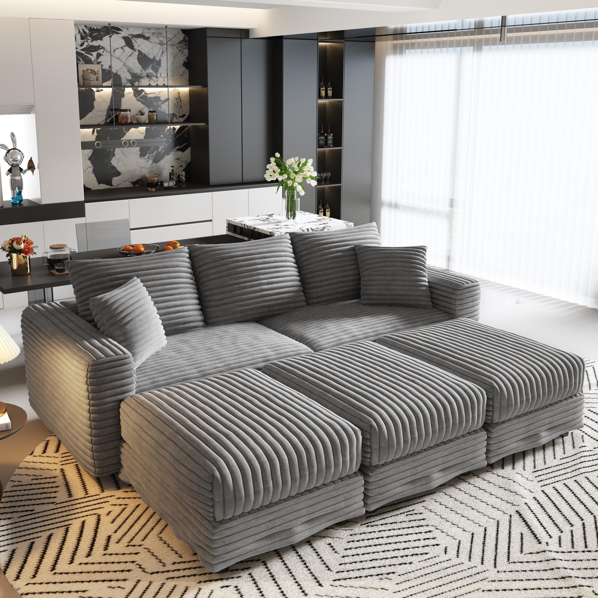 3 Seat Sofa, Deep Seat Couches With Soft Pillows And 3 Ottomans, Convertible Sofa Lounge Chair, For Living Room - Gray - Image 12
